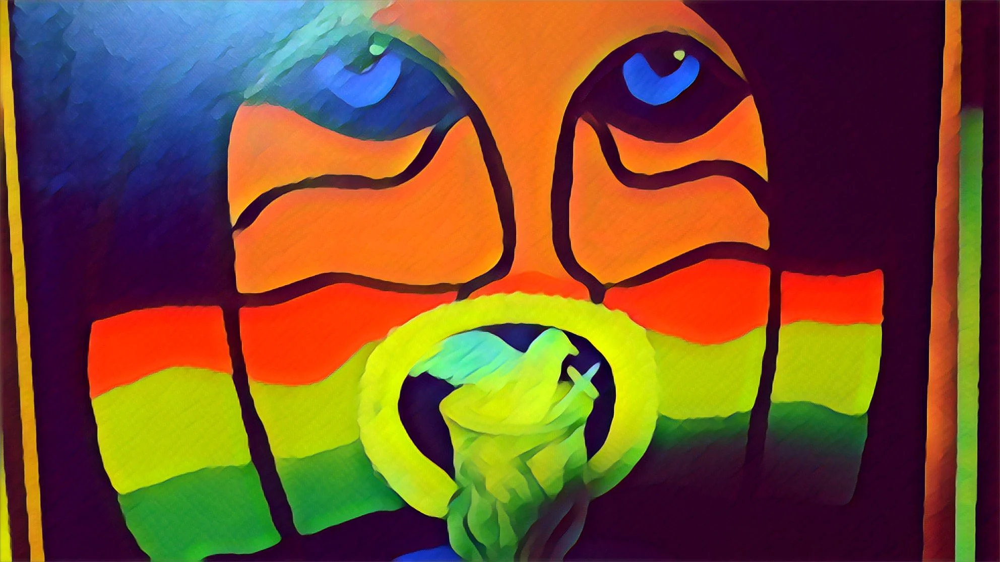 Abstract artwork of a face in rainbow colors with a pacifier in the mouth, using bold lines and vibrant hues.