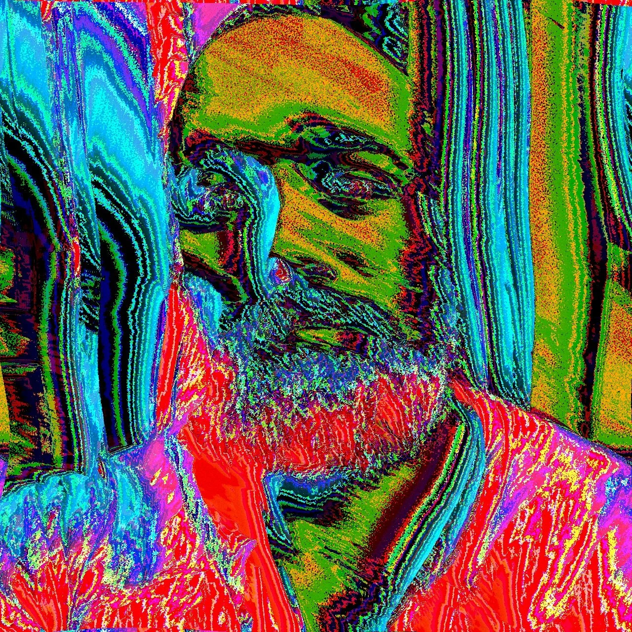 A digitally distorted, colorful portrait of a man with a beard and mustache, holding his hand to his forehead as if shading his eyes, with abstract vibrant colors and lines.