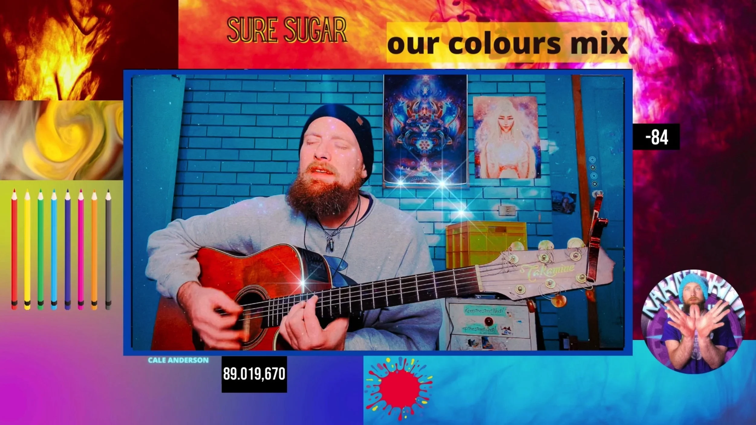 A man with a beard and a beanie plays an acoustic guitar in front of a blue brick wall, with vibrant, colorful artwork and decorations behind him, surrounded by rainbow-colored graphics and a sign that says 'SURE SUGAR'.