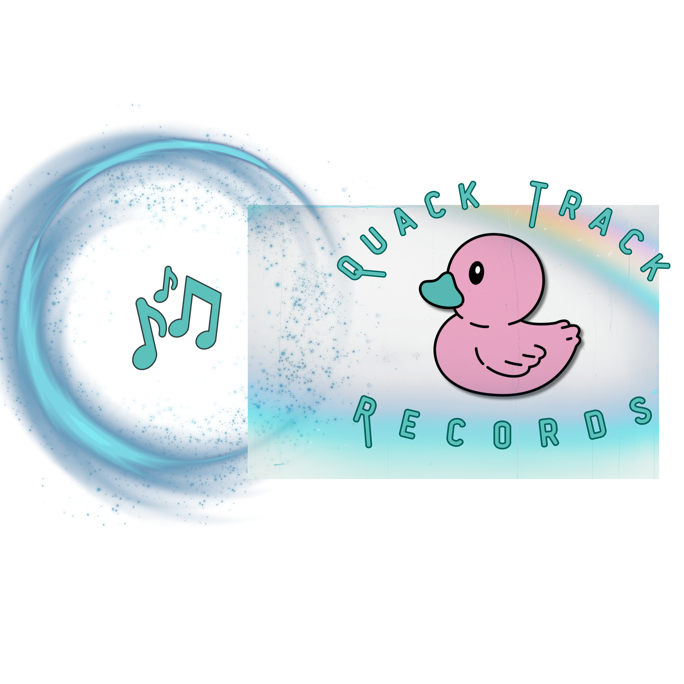 Album cover art for Quack Attack Records featuring a cartoon pink duck with a blue beak, set against a colorful cosmic background with a rainbow, and a stylized logo with musical notes.