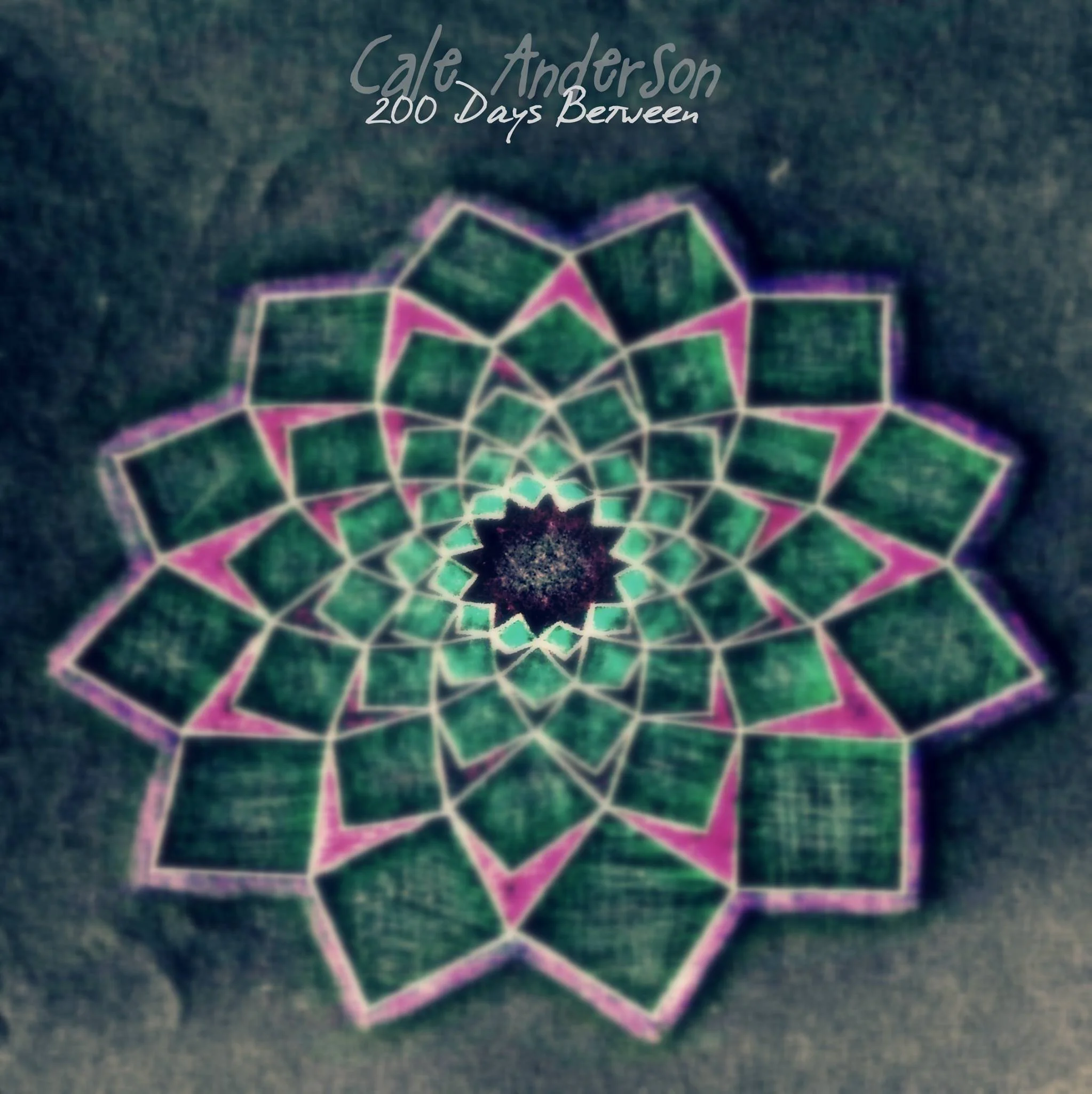 Colorful geometric pattern resembling a flower with green, pink, and black details on a dark background, with text "Cale Anderson, 200 Days Between" at the top.