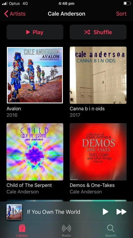 Screenshot of a music app showing albums by Cale Anderson, including Avalon, Canna b i noids, Child of The Serpent, and Demos & One-Takes. The song "If You Own The World" is playing.