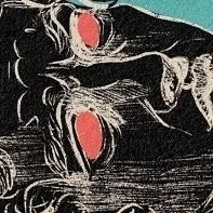 Abstract black and white drawing with red accents