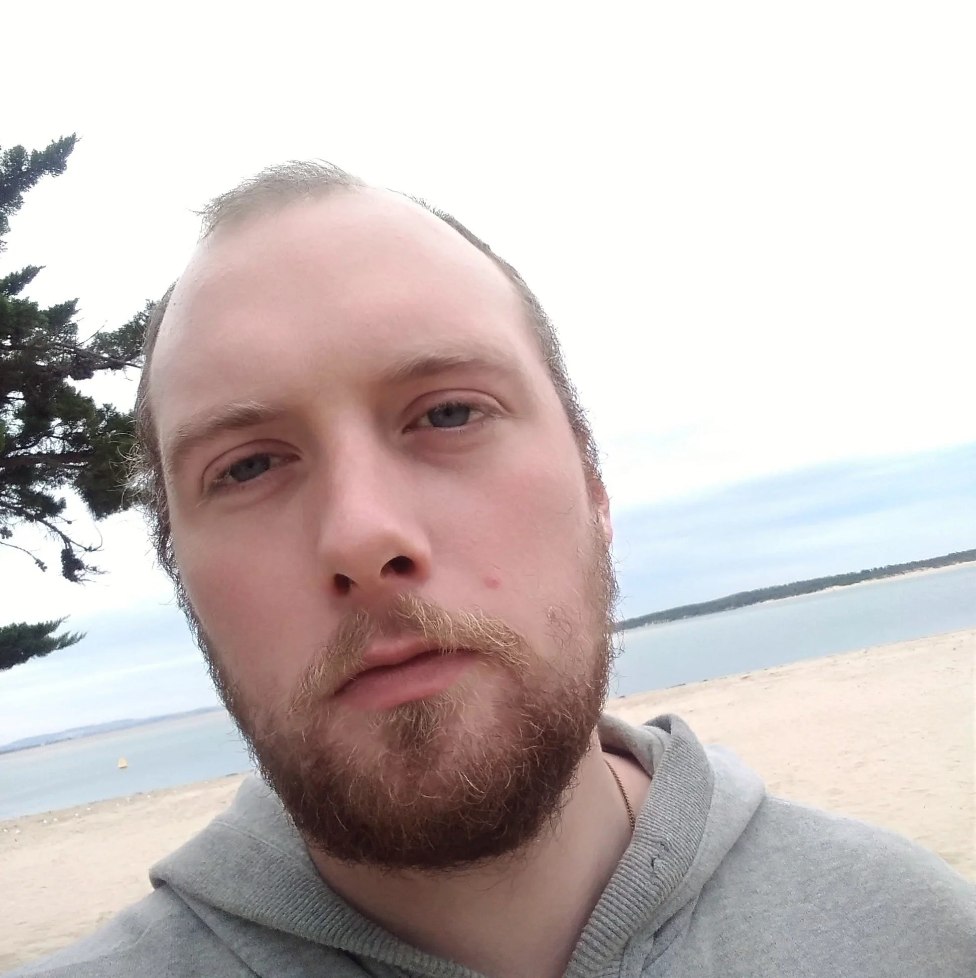 Close-up of a man with light skin, beard, and mustache, wearing a gray hoodie, at the beach with water, sandy shore, and a few trees in the background.