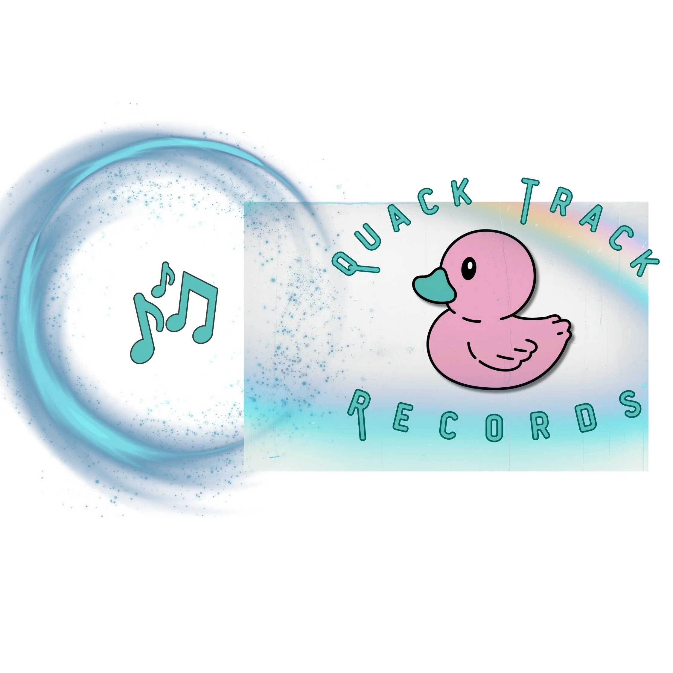 Logo for Quack Track Records featuring a pink duck with a teal beak next to a rainbow and musical notes.