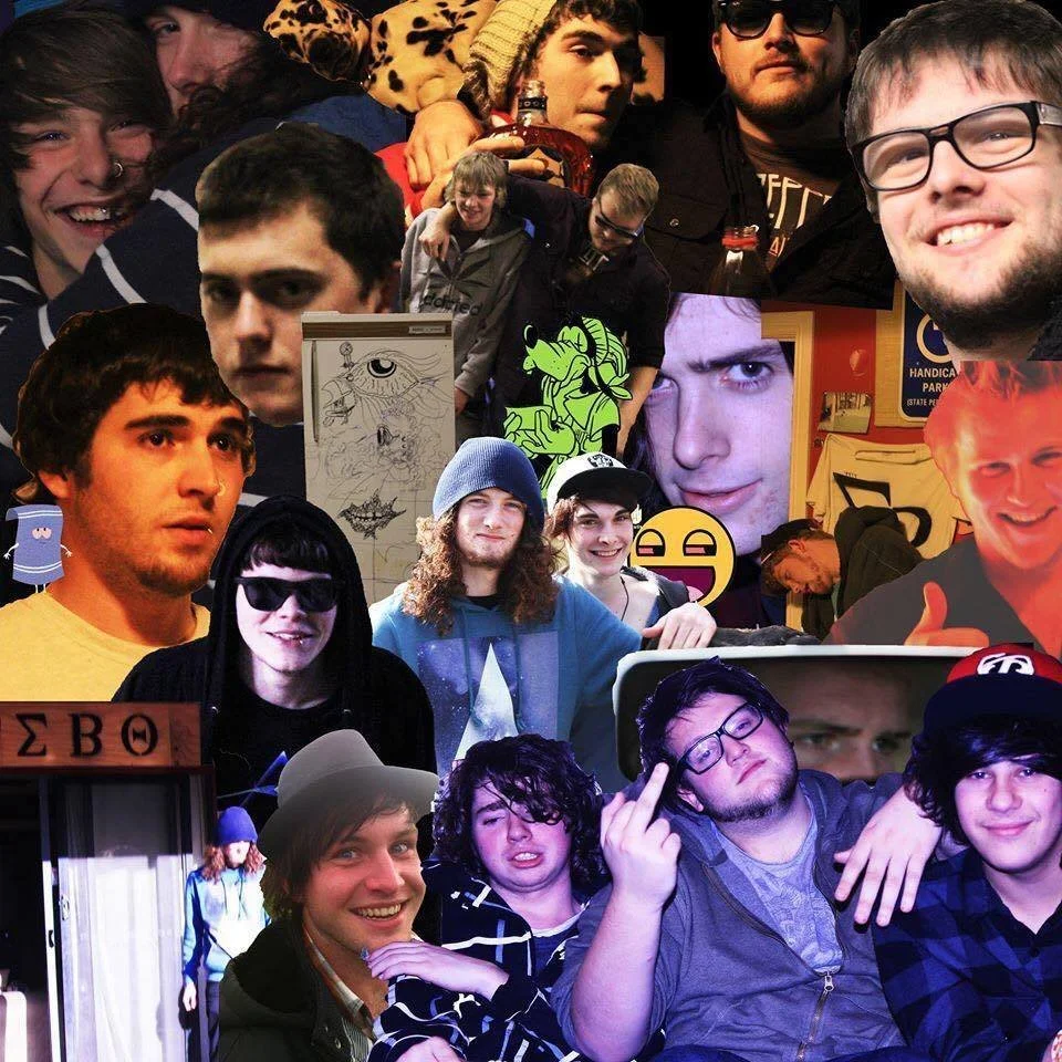 A collage of multiple people, mostly young men, with various facial expressions and poses, along with some drawings and signs in the background.