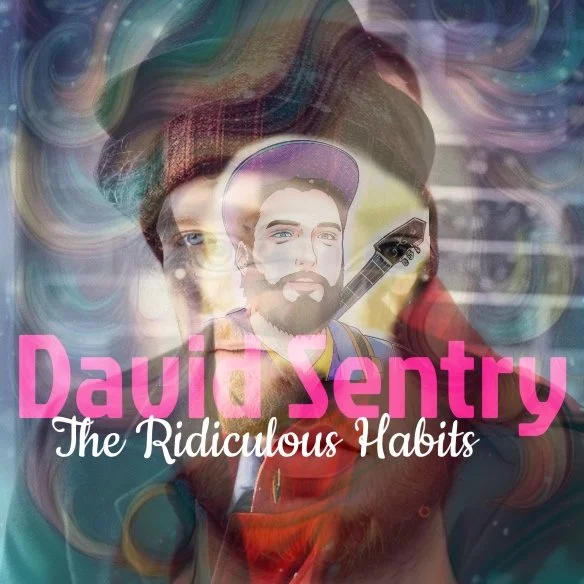 A cover art featuring a layered image of David Sentry with a sepia-toned face, a cartoonish illustration of a bearded man, and a guitar. The background has colorful swirling patterns. The text reads 'David Sentry' in large pink letters and 'The Ridic