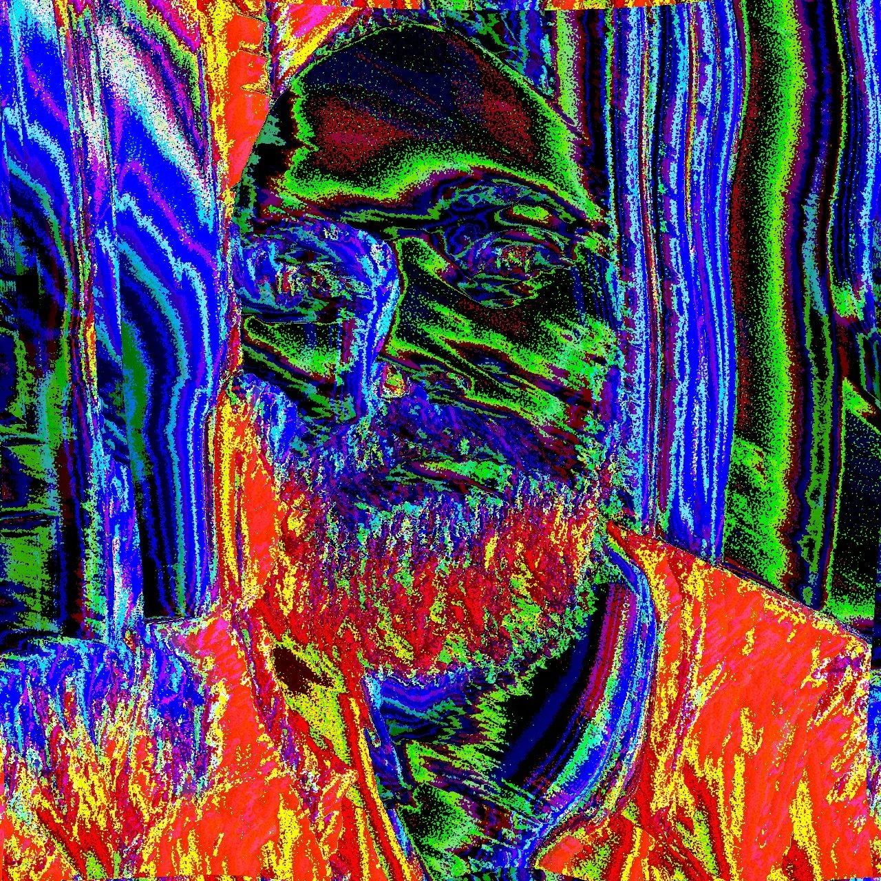 Colorful, artistic rendering of a man with a beard wearing glasses, dressed in a suit and tie, with a contemplative expression, against a vibrant, abstract background.