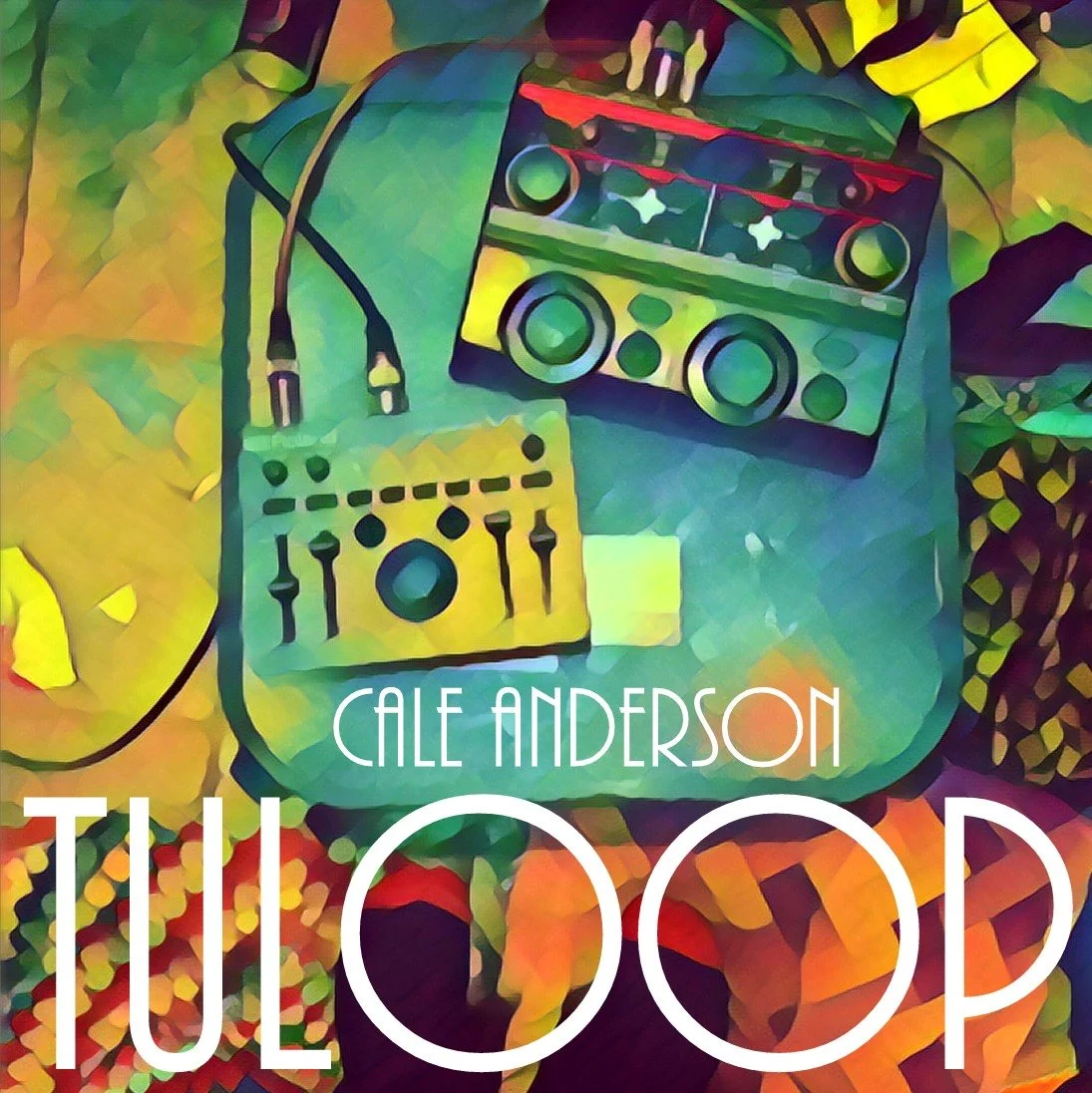 Colorful artistic depiction of a music mixing console and a small speaker on a vibrant, abstract background with text "Cale Anderson" and "Thud".