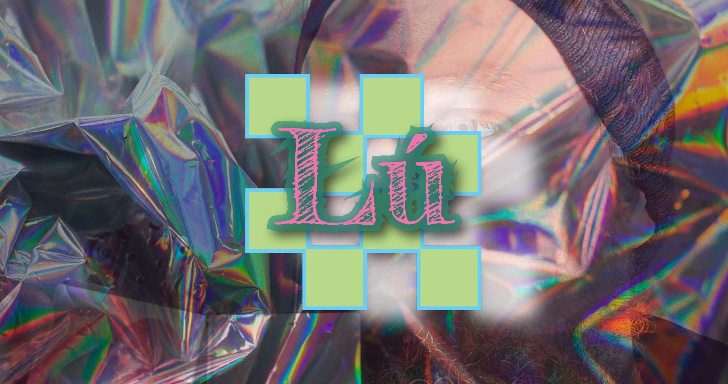 Holographic, shiny fabric with a glow effect, with the word 'Lit' in pink text surrounded by green and blue squares.
