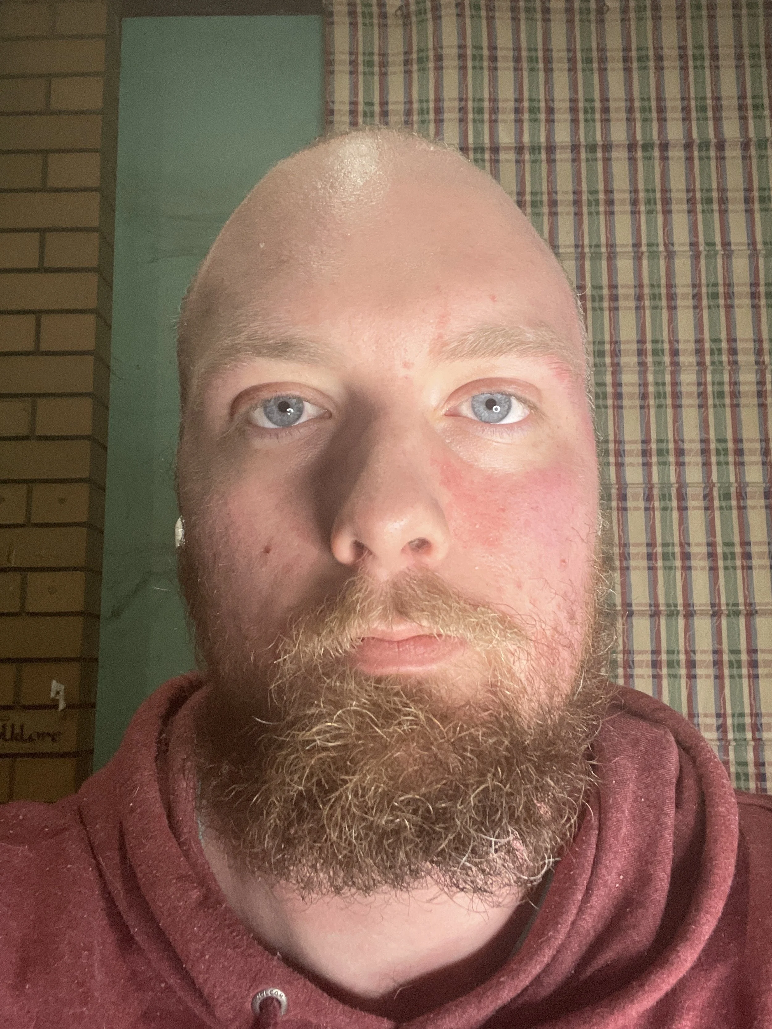 Close-up of a man with a shaved head and a thick beard, wearing a maroon hoodie, standing in front of a green wall and a window with a striped curtain.