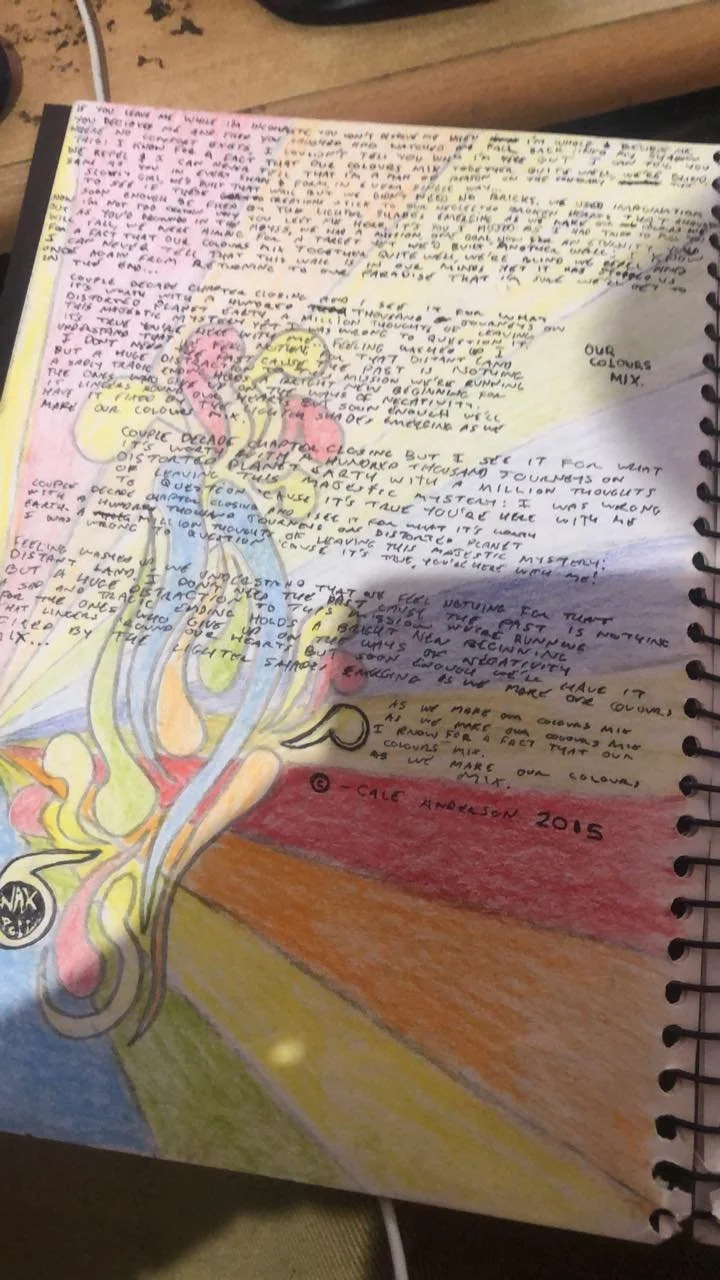 A handwritten and colored sketch of a floral design with pink, yellow, blue, and orange colors on a page filled with handwritten text in black ink, with a signature and date at the bottom.