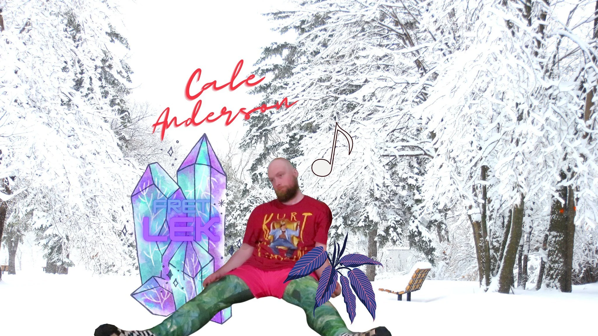 A snowy winter forest scene with trees covered in snow and a wooden bench. A man sits on the snow in front of digital art elements, including colorful crystals with the words 'FREET LEK', a blond man's portrait, a musical note, and hanging red text t