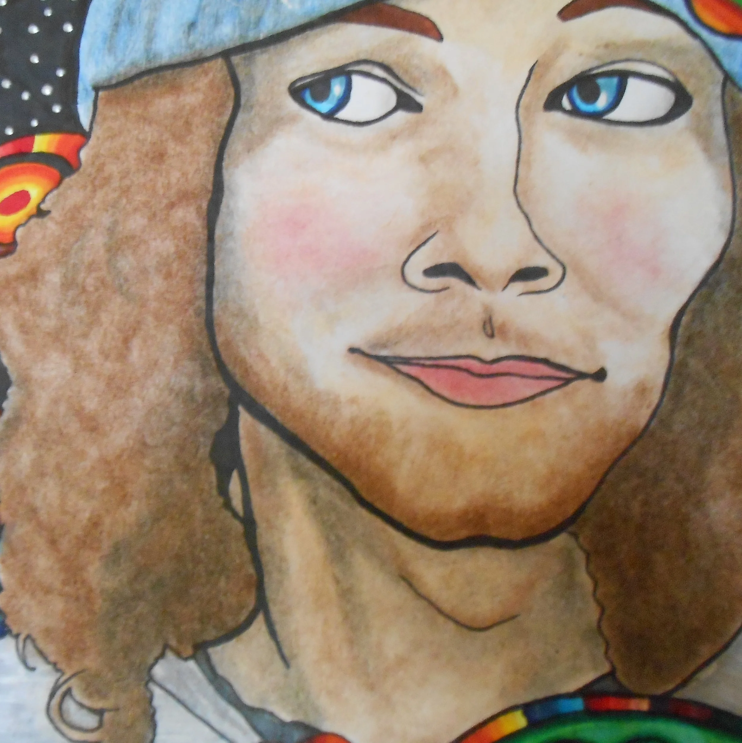 Close-up of a painted portrait of a woman with curly brown hair, blue eyes, pink cheeks, and lips, wearing a colorful rainbow-patterned headband.
