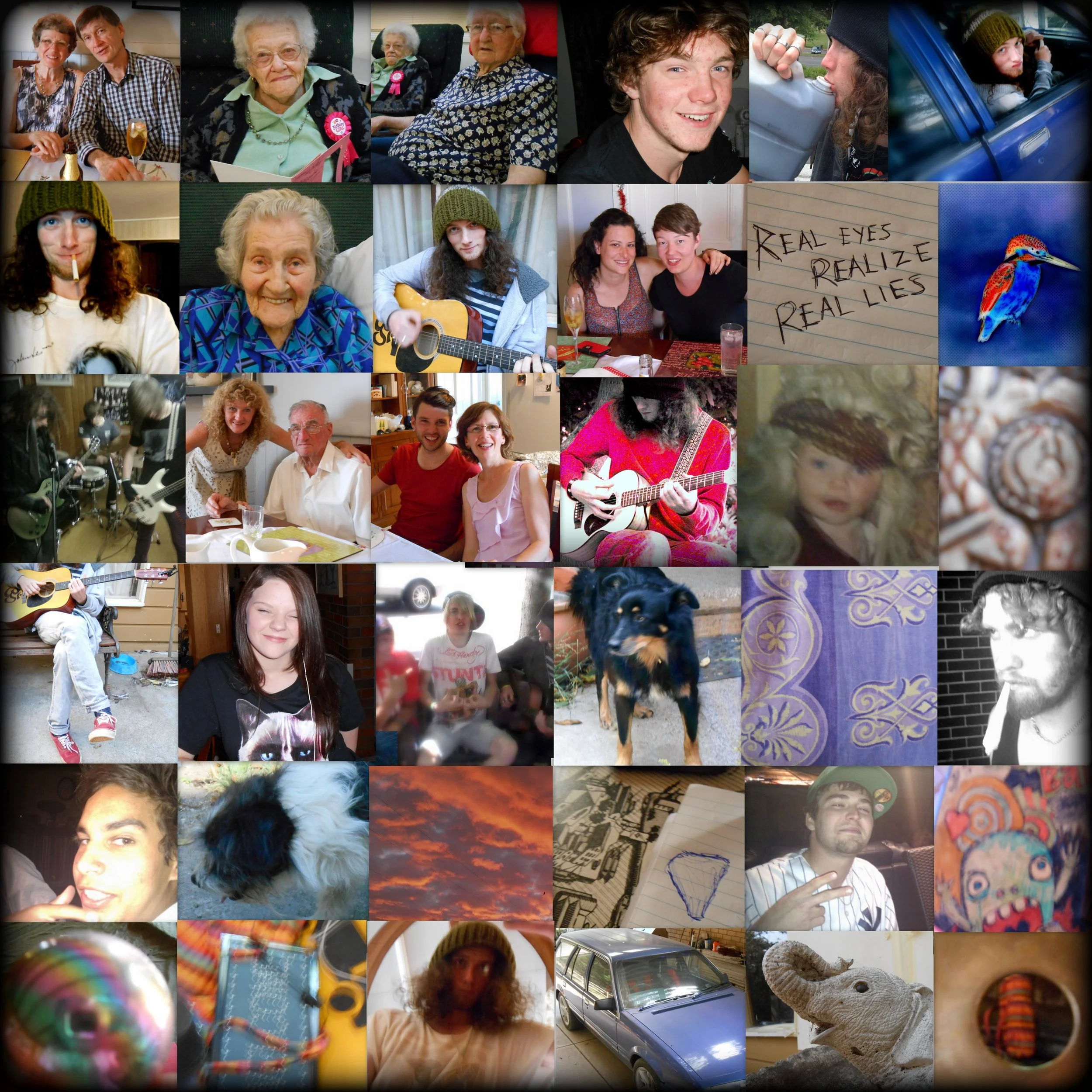 A collage of various people, animals, and objects including a group at a dinner, elderly women, a young man, children, animals like a dog, cat, and a bird, musical instruments, outdoor scenes, and handwritten notes.