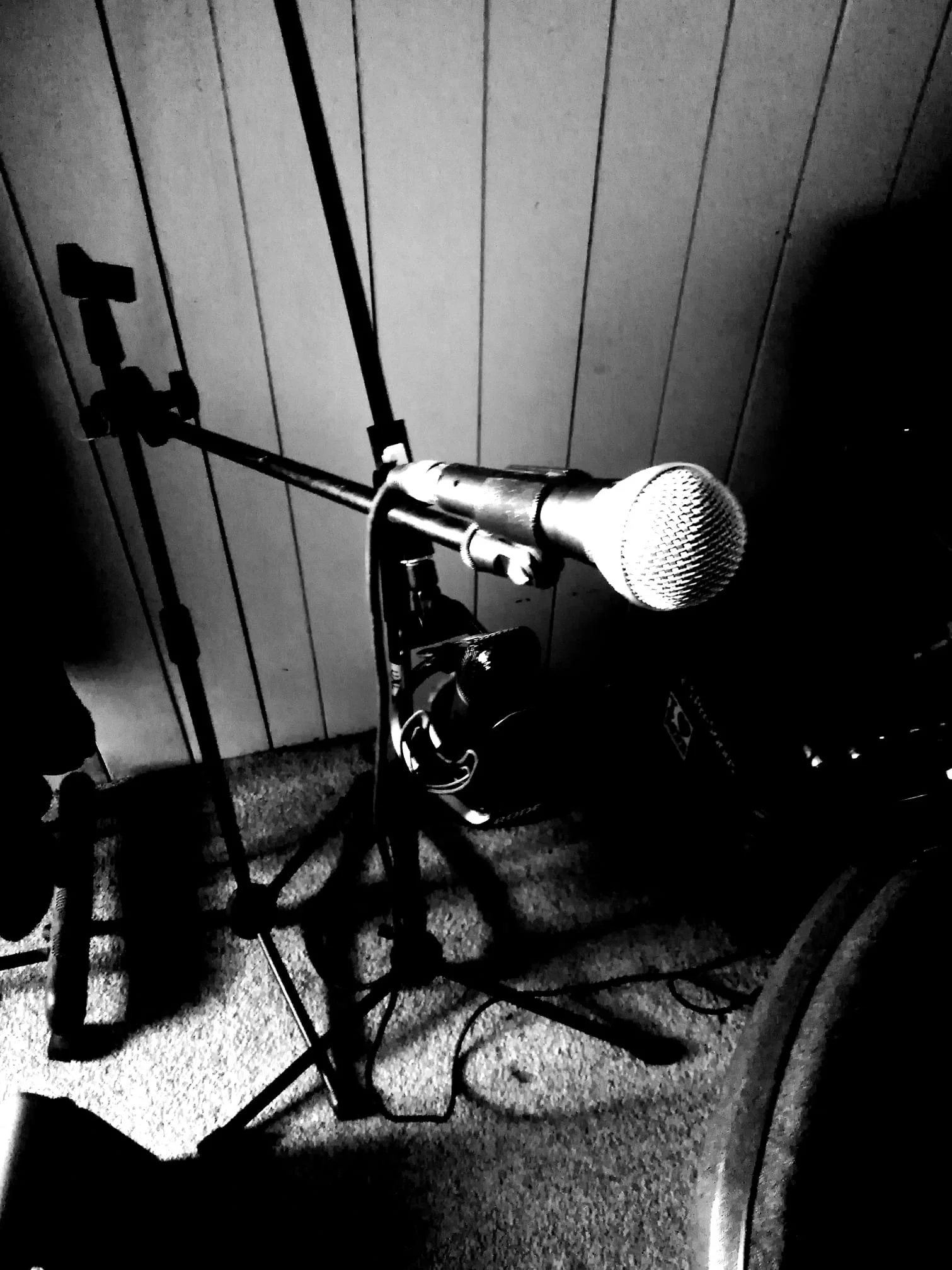 A microphone on a stand with a music or audio equipment in a room with wood-paneled wall and carpeted floor, black and white photo.
