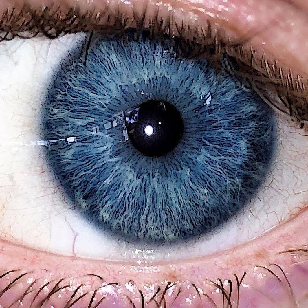 Close-up of a blue eye with detailed iris, black pupil, and surrounding sclera, with the upper and lower eyelids visible.