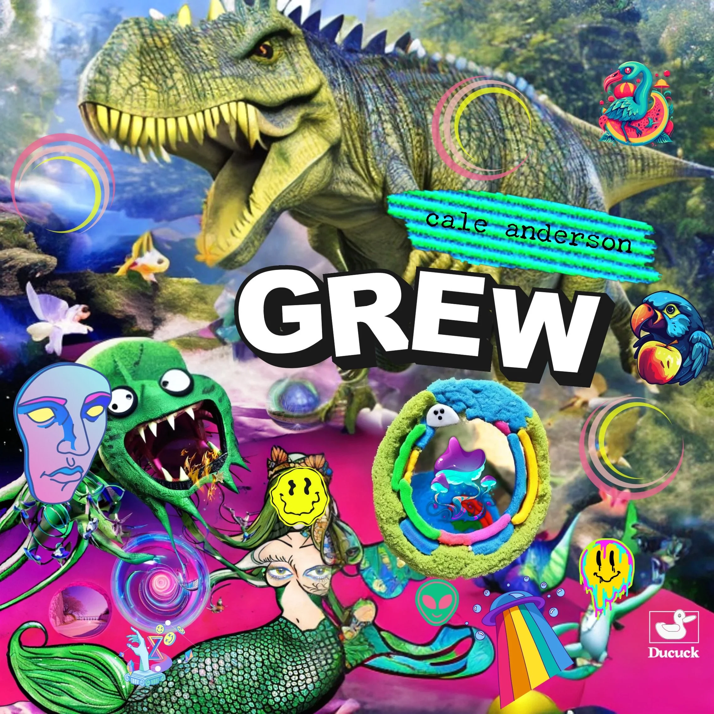 A colorful digital collage featuring a large T-Rex dinosaur in the background, along with various cartoonish characters including a green monster with sharp teeth, a mermaid with long hair, and multiple abstract faces and designs. The word 'GROW' is 
