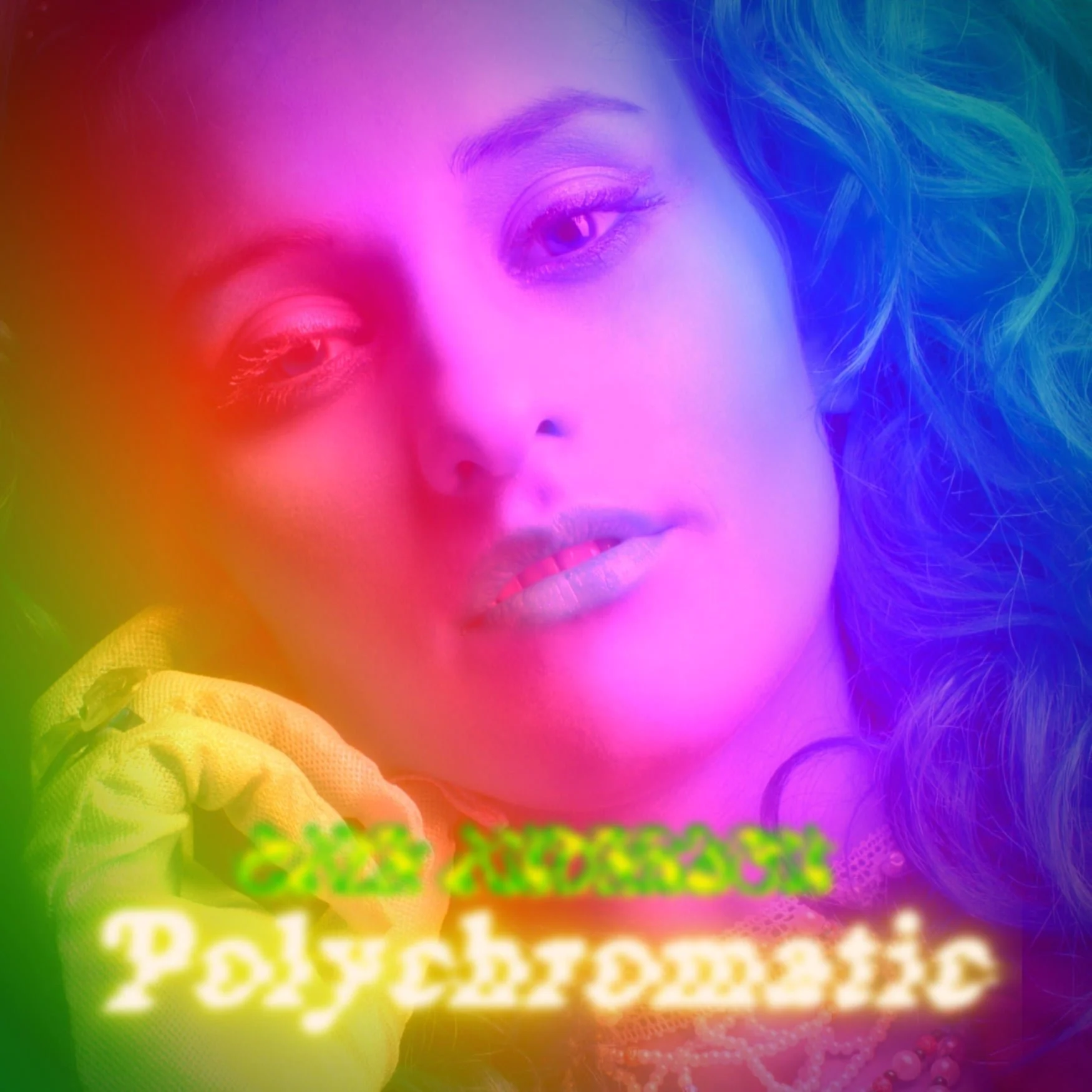 A woman with curly hair, looking at the camera, partially covered by rainbow-colored overlay. Text on the image reads 'Polybionic' in a glowing font.