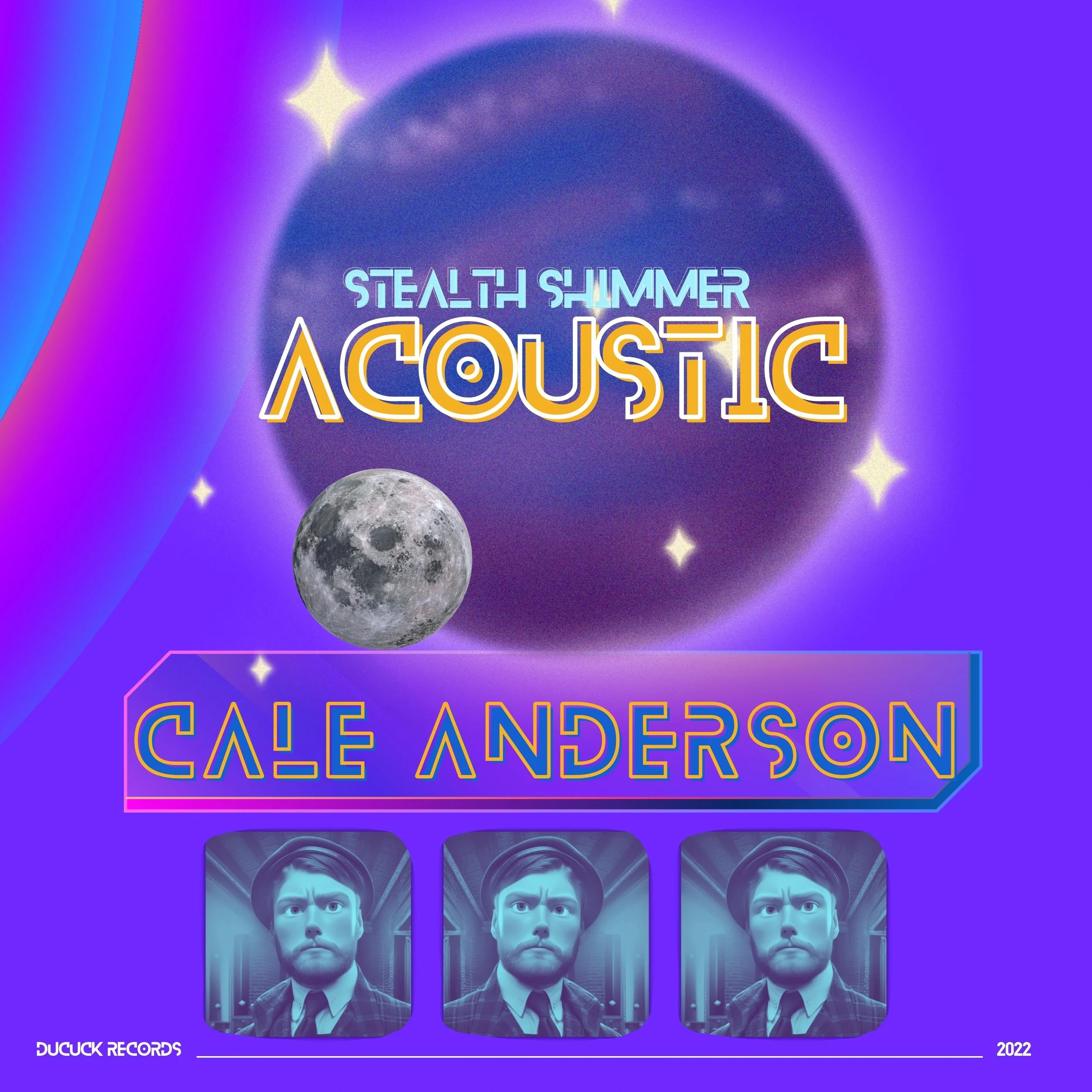 Cover art for an album titled 'Stealth Shimmer Acoustic' by Calé Anderson, featuring a purple background with stars, the moon, a large dark purple planet, and three copies of the artist's photo at the bottom. The text is in a neon style.