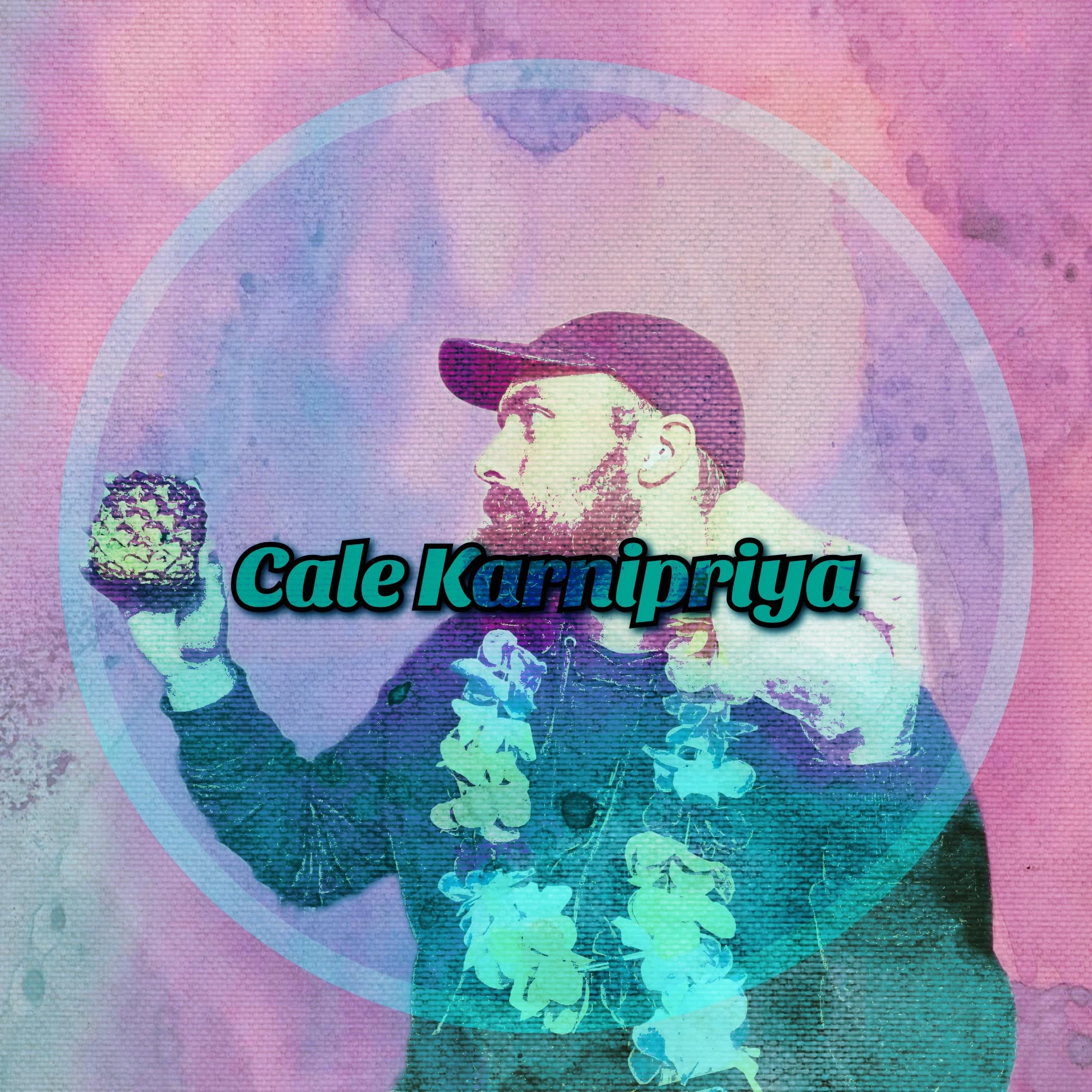 A person with a beard wearing a cap and a necklace made of flowers, holding a bowl of food, with the name 'Cale Karnipriya' across the image, on a pink and purple textured background.