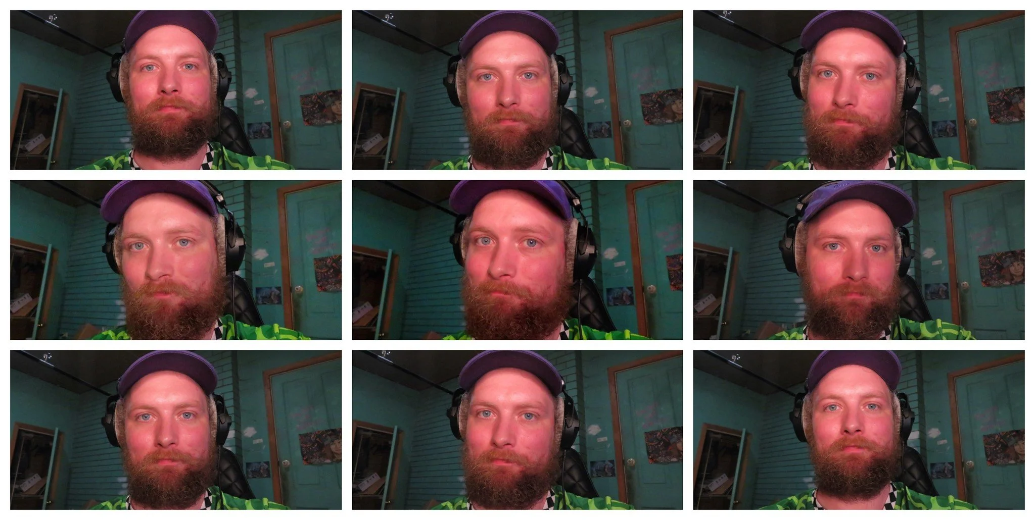 A collage of nine photos of a man with a beard, wearing a cap and headphones, sitting in a room with a teal-colored wall and a door in the background. The man is looking directly at the camera in each photo, with slight variations in facial expressio