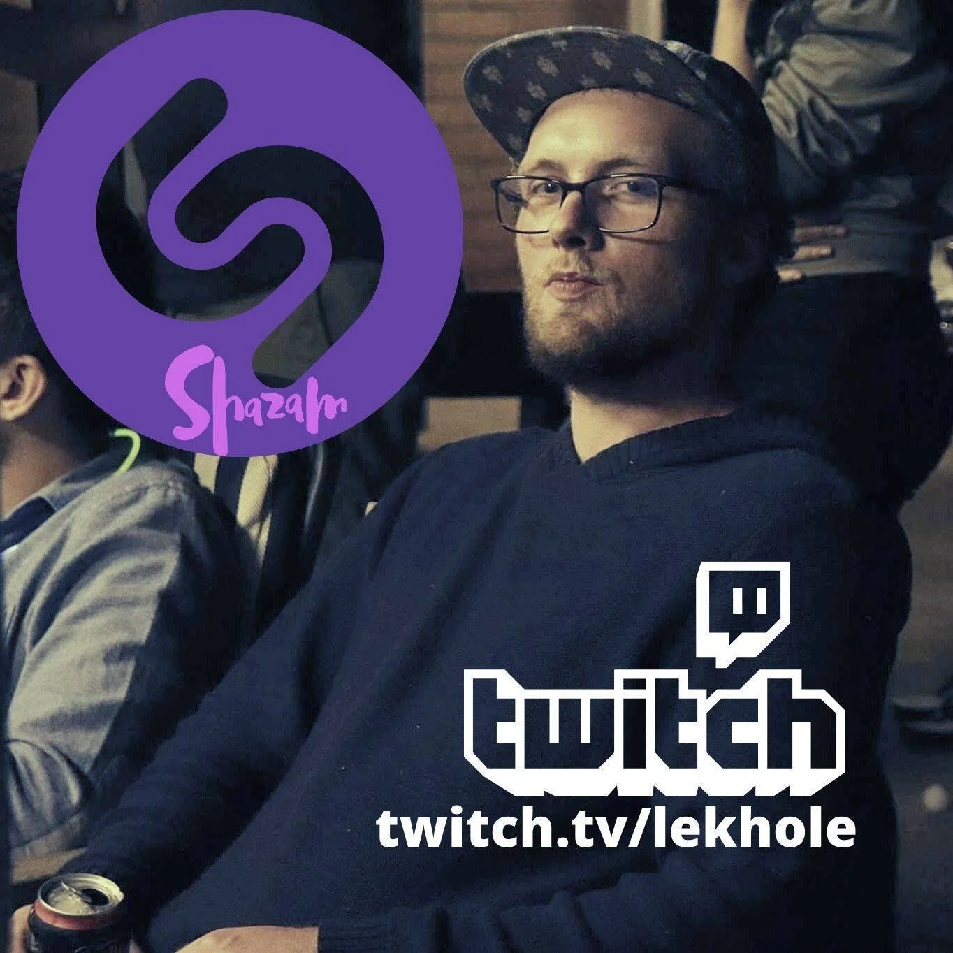 A young man with glasses and a beard wearing a patterned baseball cap and a black hoodie, sitting indoors with other people nearby. Overlaid logos include a purple Spotify logo with the name Shazarn and a twitch logo with the URL twitch.tv/lekhole.