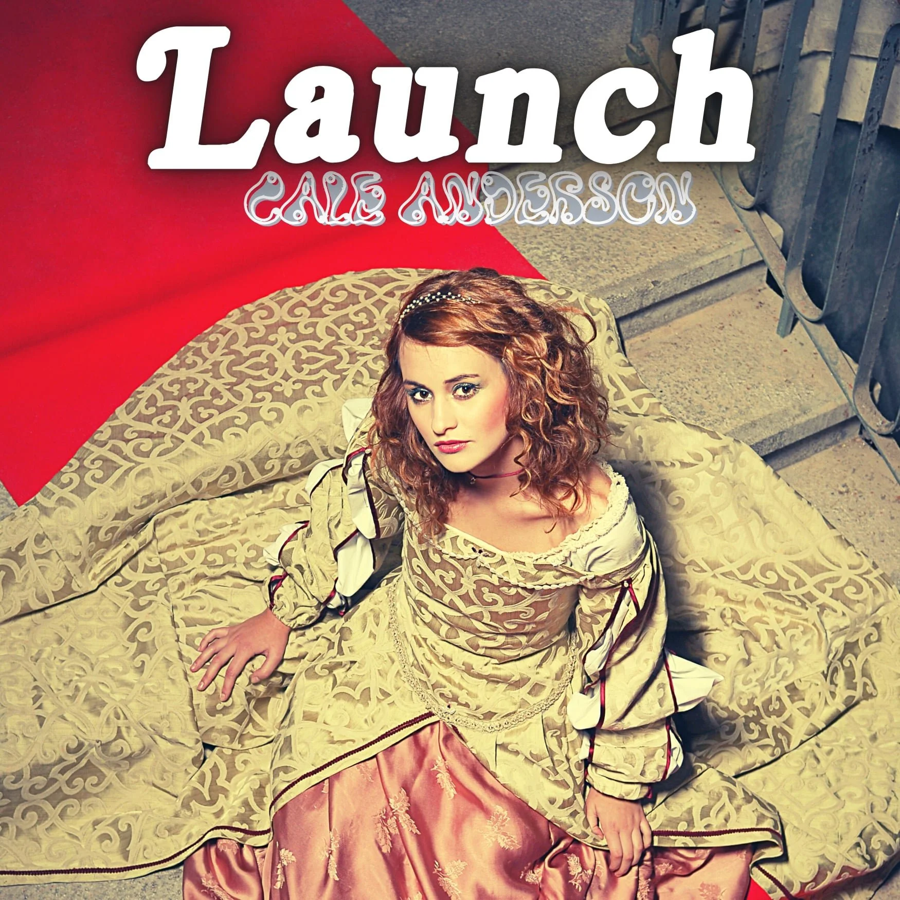 A woman with curly red hair in a historical costume sits on the ground on a decorative patterned blanket, looking up at the camera. The background has a red wall with the words "Launch CALE ANDERSON" written on it.