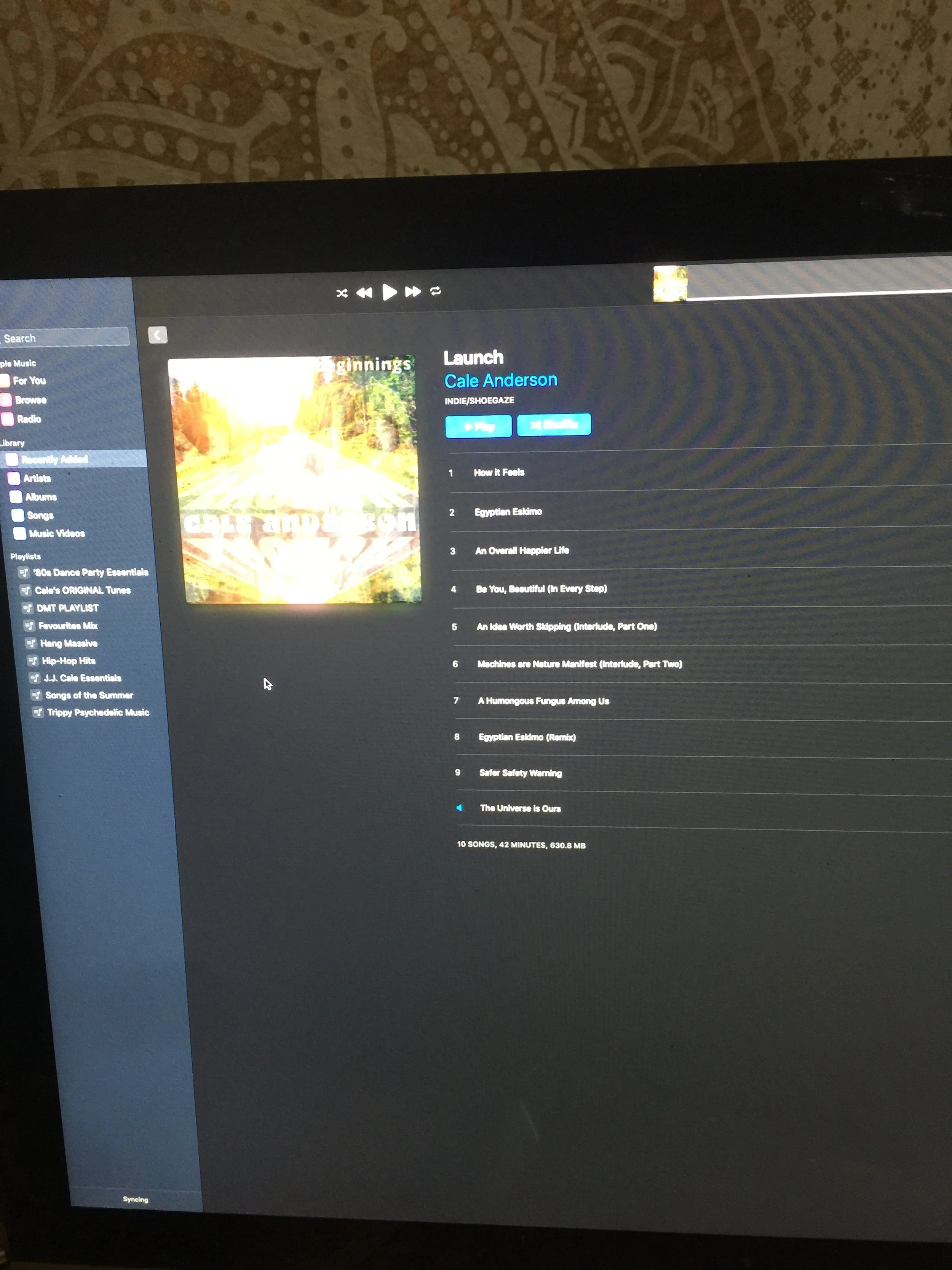 Computer screen displaying a music playlist for the album 'Launch' by Cale Anderson, showing song titles and album cover art.