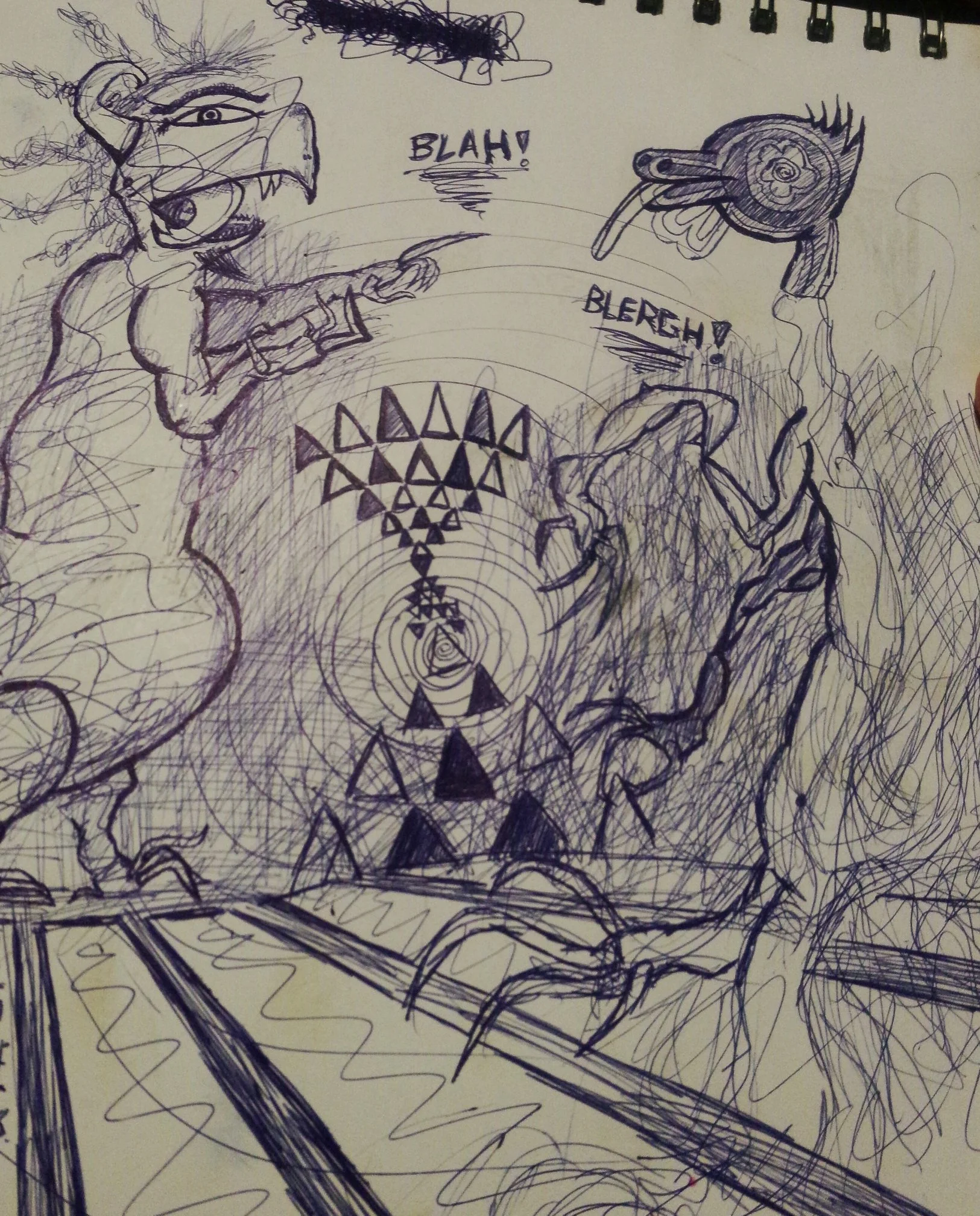 A chaotic, abstract sketch featuring a beast with an angry face on the left, a bird with an elongated beak on the right, and various geometric patterns and lines connecting these elements.