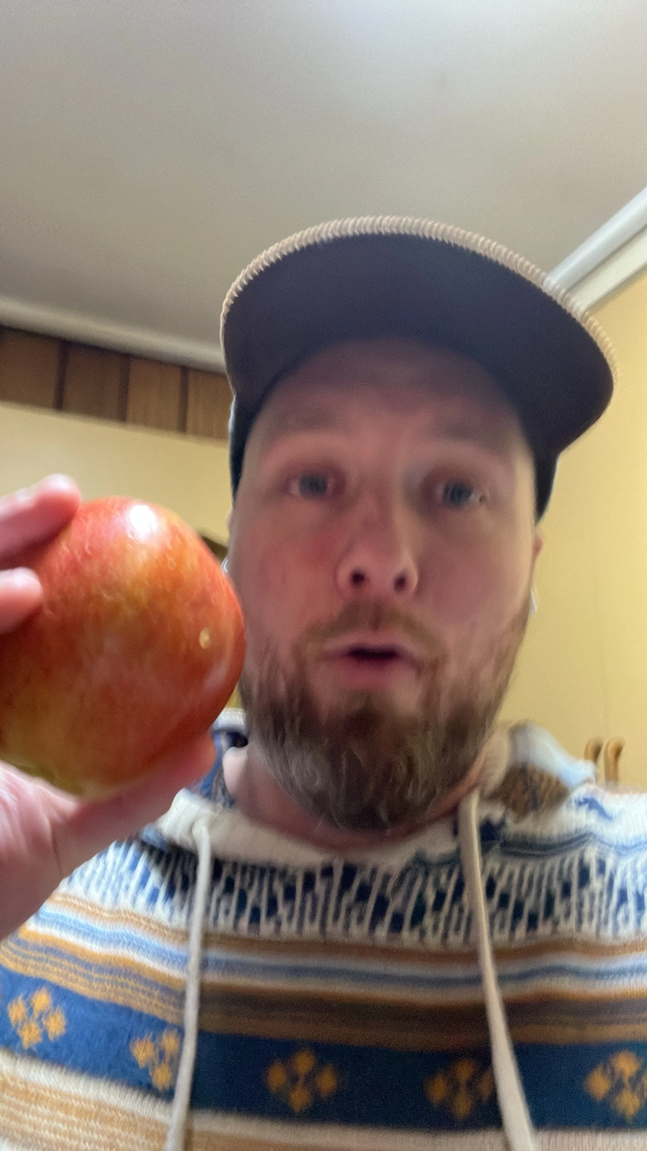 A man holding an apple, wearing a colorful sweater and a baseball cap, in a room with a yellow wall.