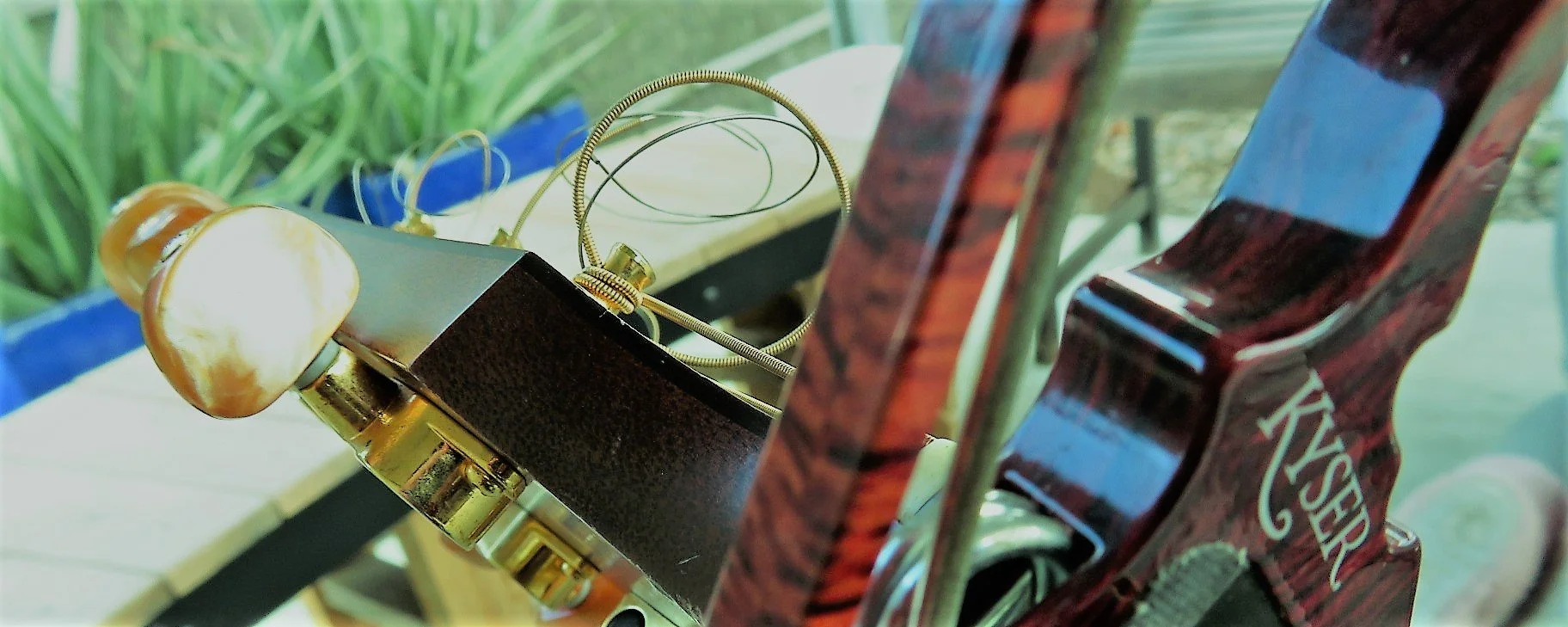 Close-up of a guitar headstock with gold tuning pegs, a coiled guitar string, and a part of a red and brown Gibson guitar body with the logo visible, with a background of green plants and a white railing.