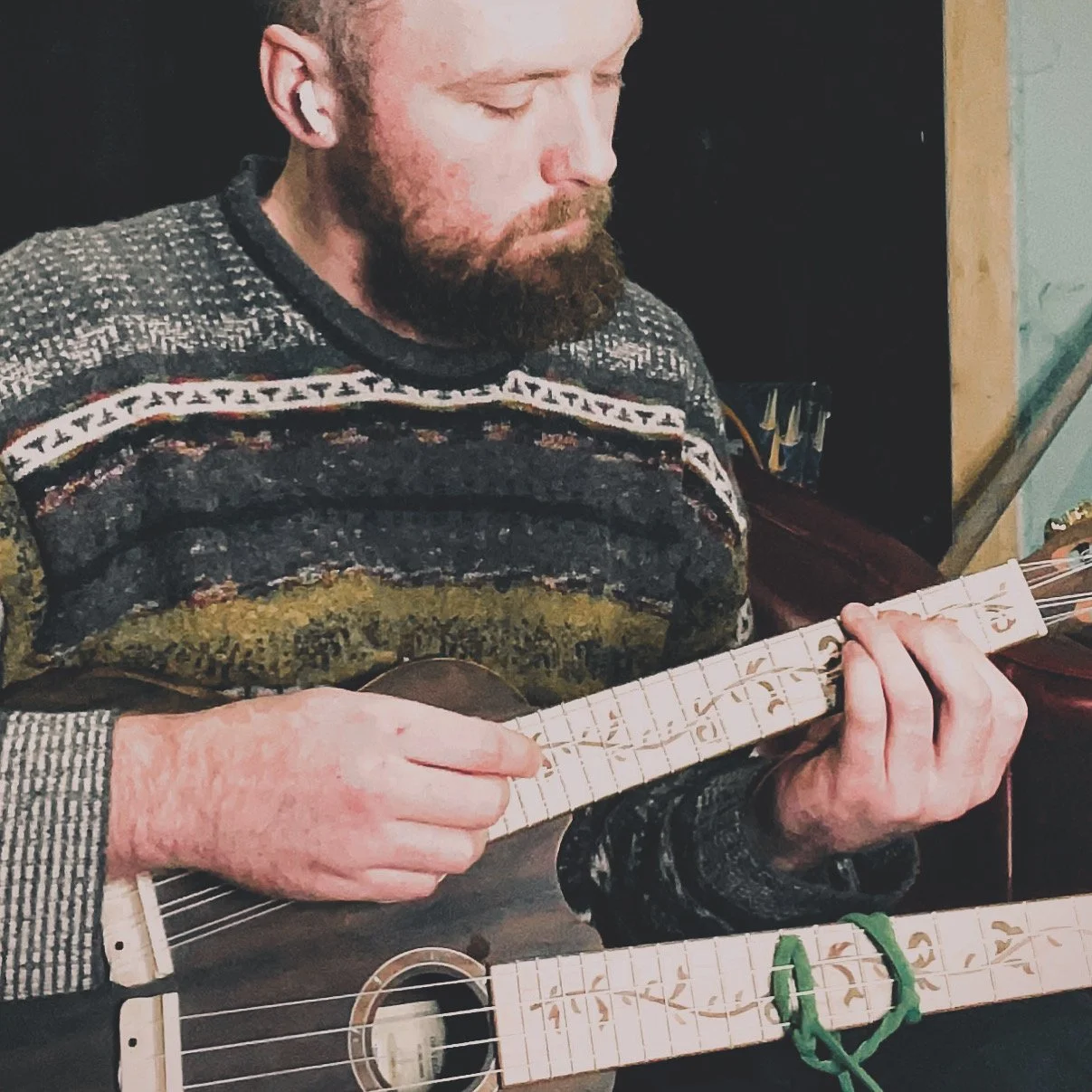 A man with a beard and patterned sweater playing a guitar.