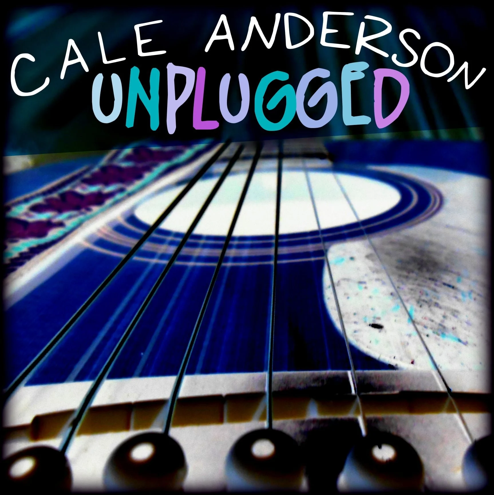 Close-up of a guitar with a focus on the fretboard and strings, with colorful overlay text reading 'CALE ANDERSON ON PODCAST'