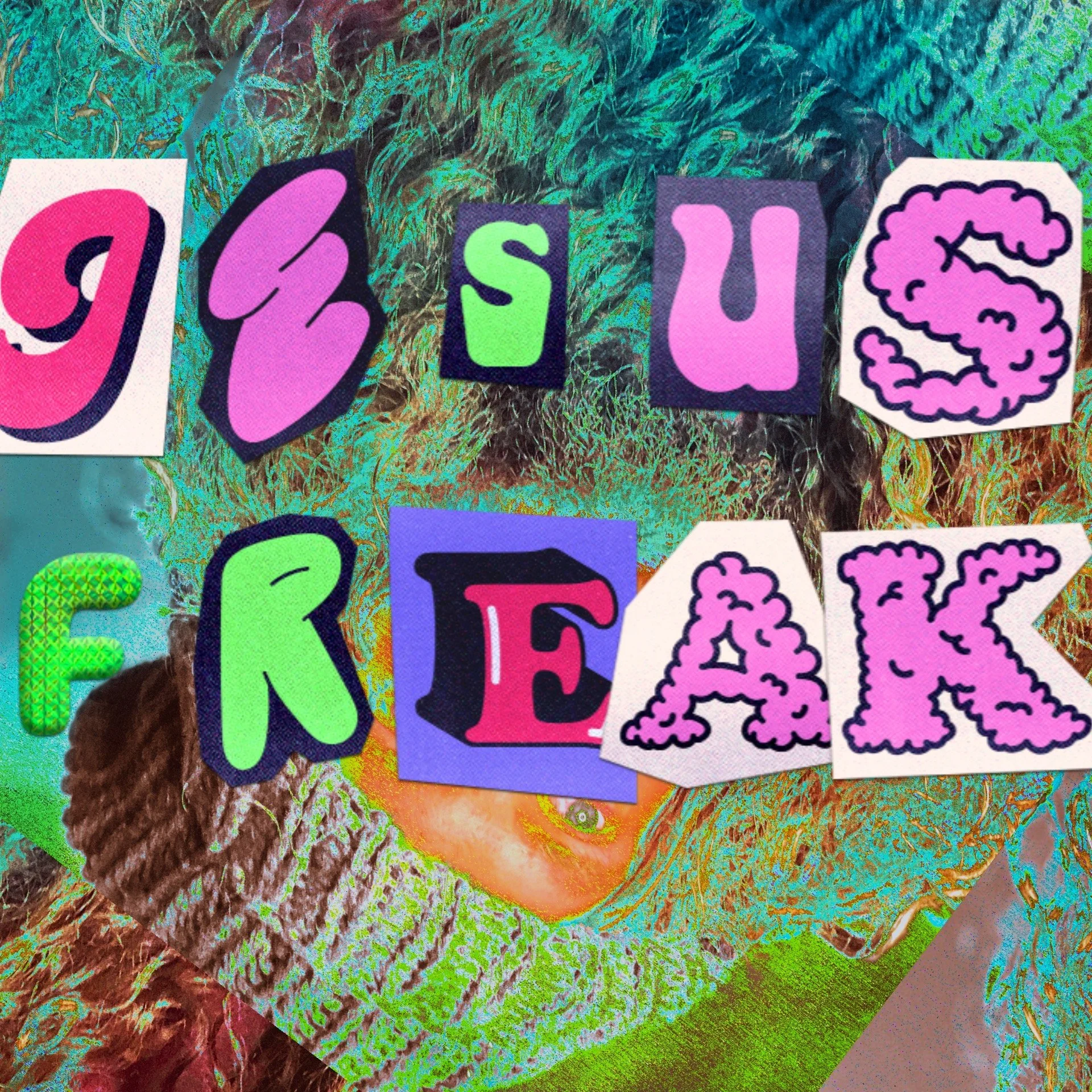 Colorful collage with cut-out letters spelling 'GIRLS' and 'FRIEND' on a background of textured, green and brown foliage and a person's face with curly hair visible.