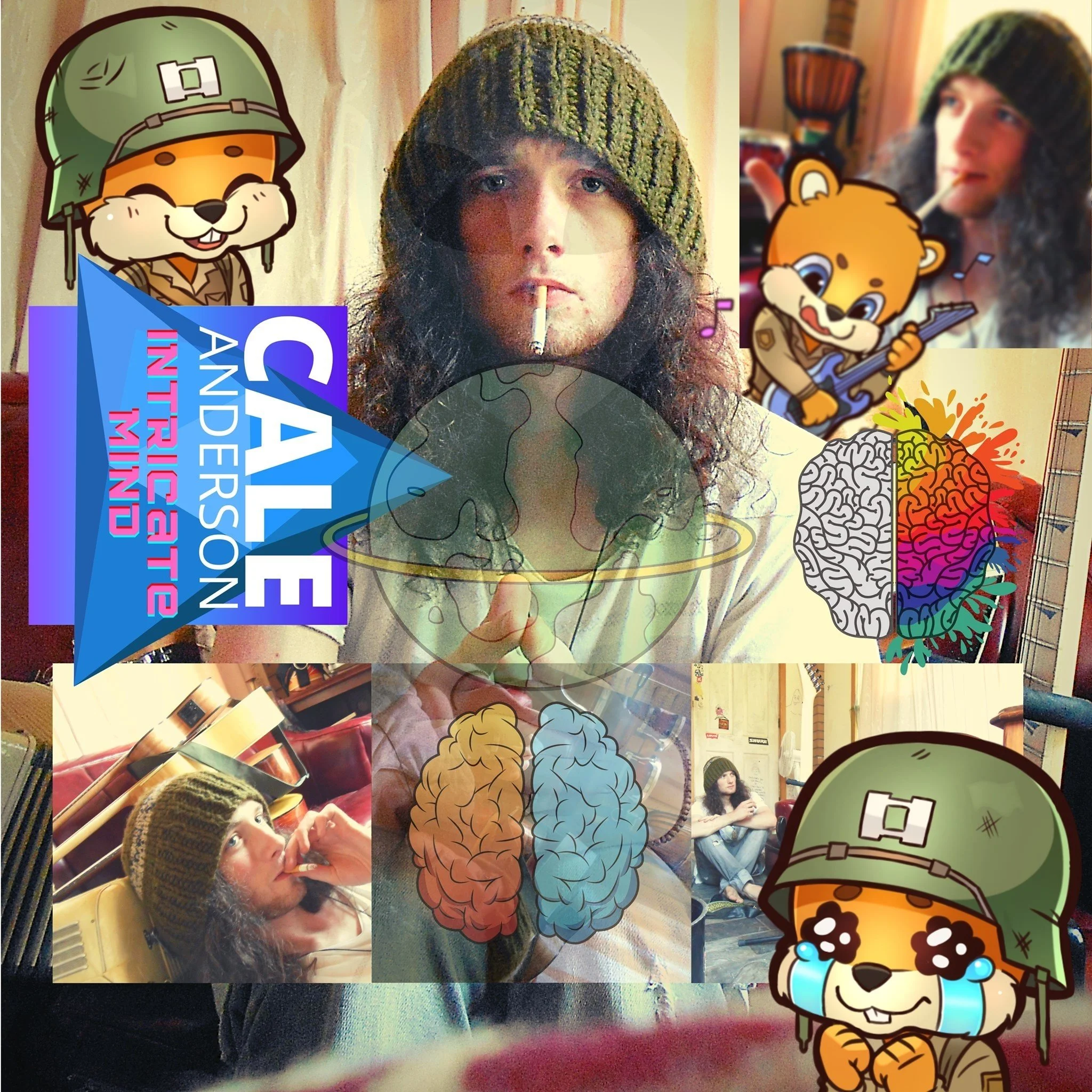 A collage featuring a young man with long curly hair wearing a knit cap, smoking a cigarette, and in various artistic and cartoon overlays, including military and brain illustrations, along with a logo for CALLE, an interviewer.