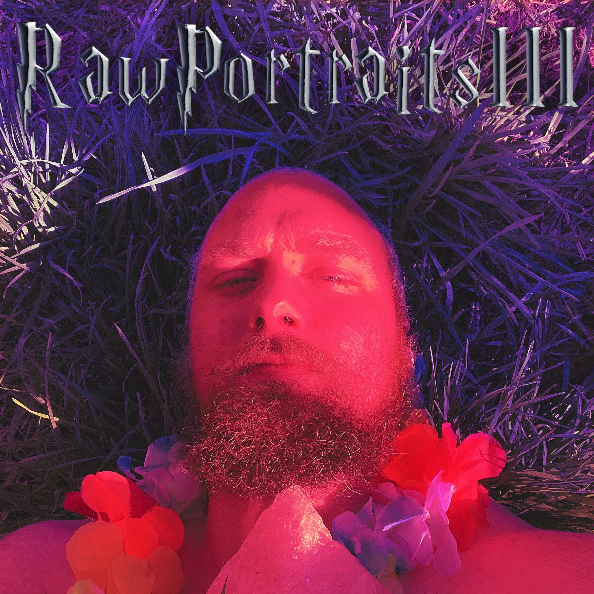 Person with a beard lying on grass covered with a flower lei, illuminated with pink and purple lighting, with the words 'Raw Portals III' at the top.