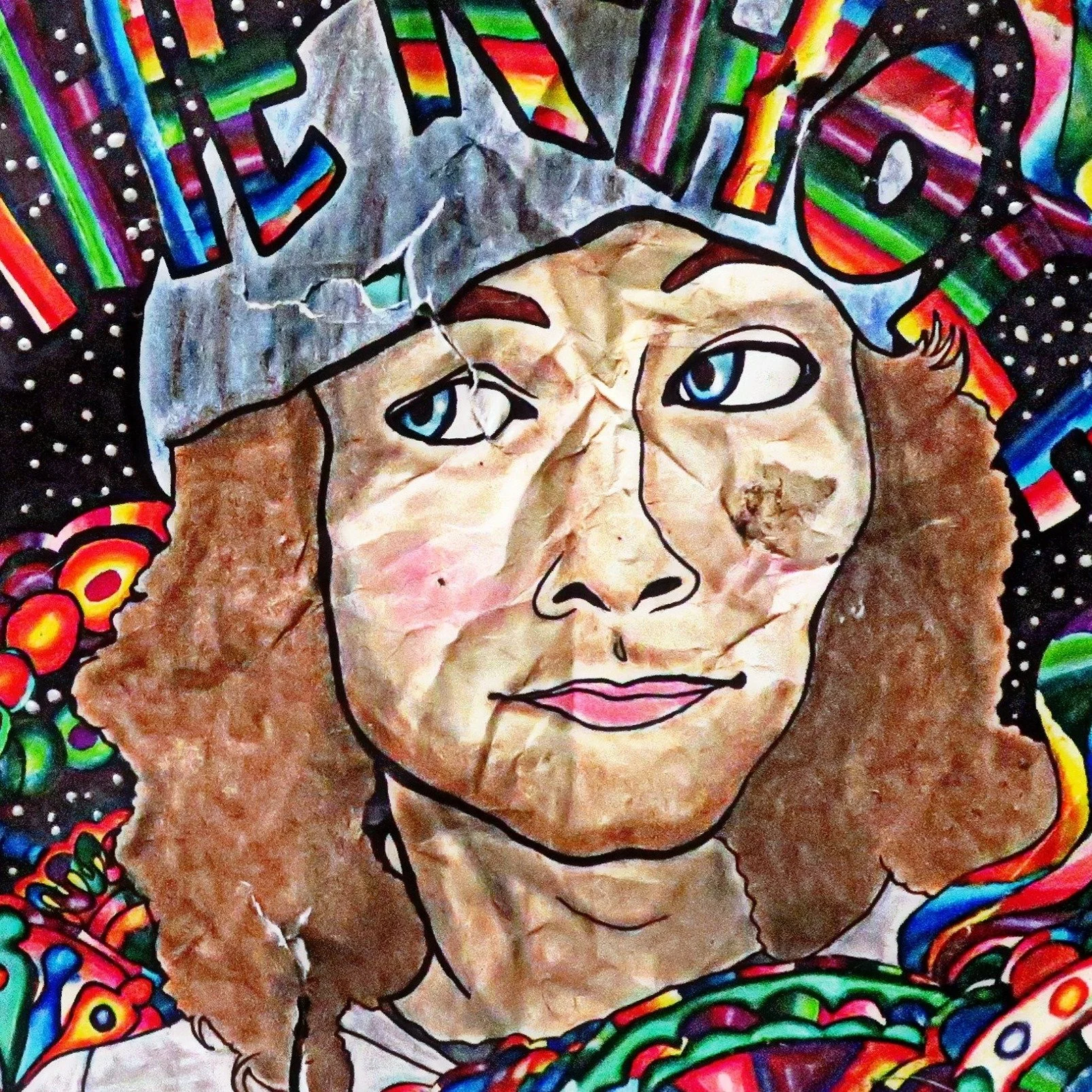 Colorful abstract portrait of a woman with curly hair, wearing a rainbow-colored hat, set against a vibrant, psychedelic background.