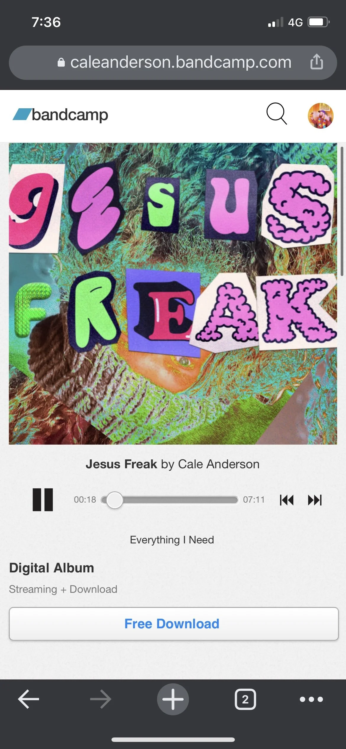 A colorful digital album cover with cut-out letter collage spelling 'Jesus Freak' by Cale Anderson, featuring vibrant, patterned backgrounds and a listener interface showing the song 'Everything I Need' playing.
