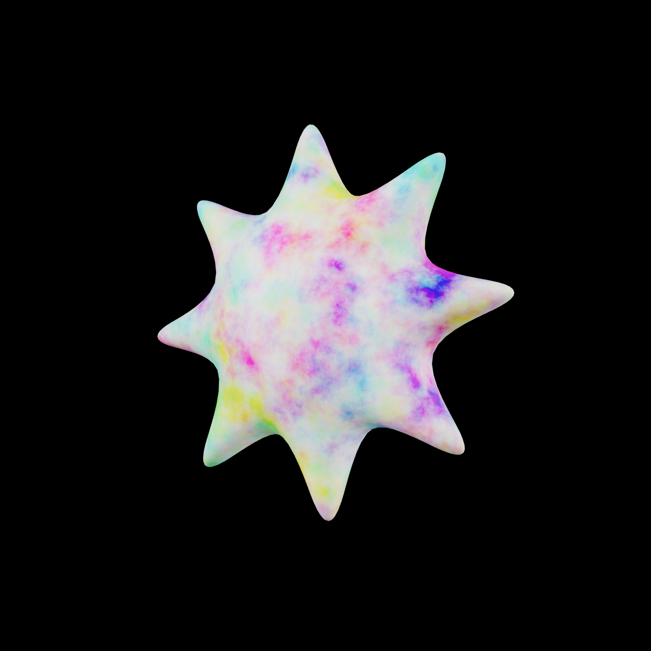 A multi-coloured star on a black square backdrop
