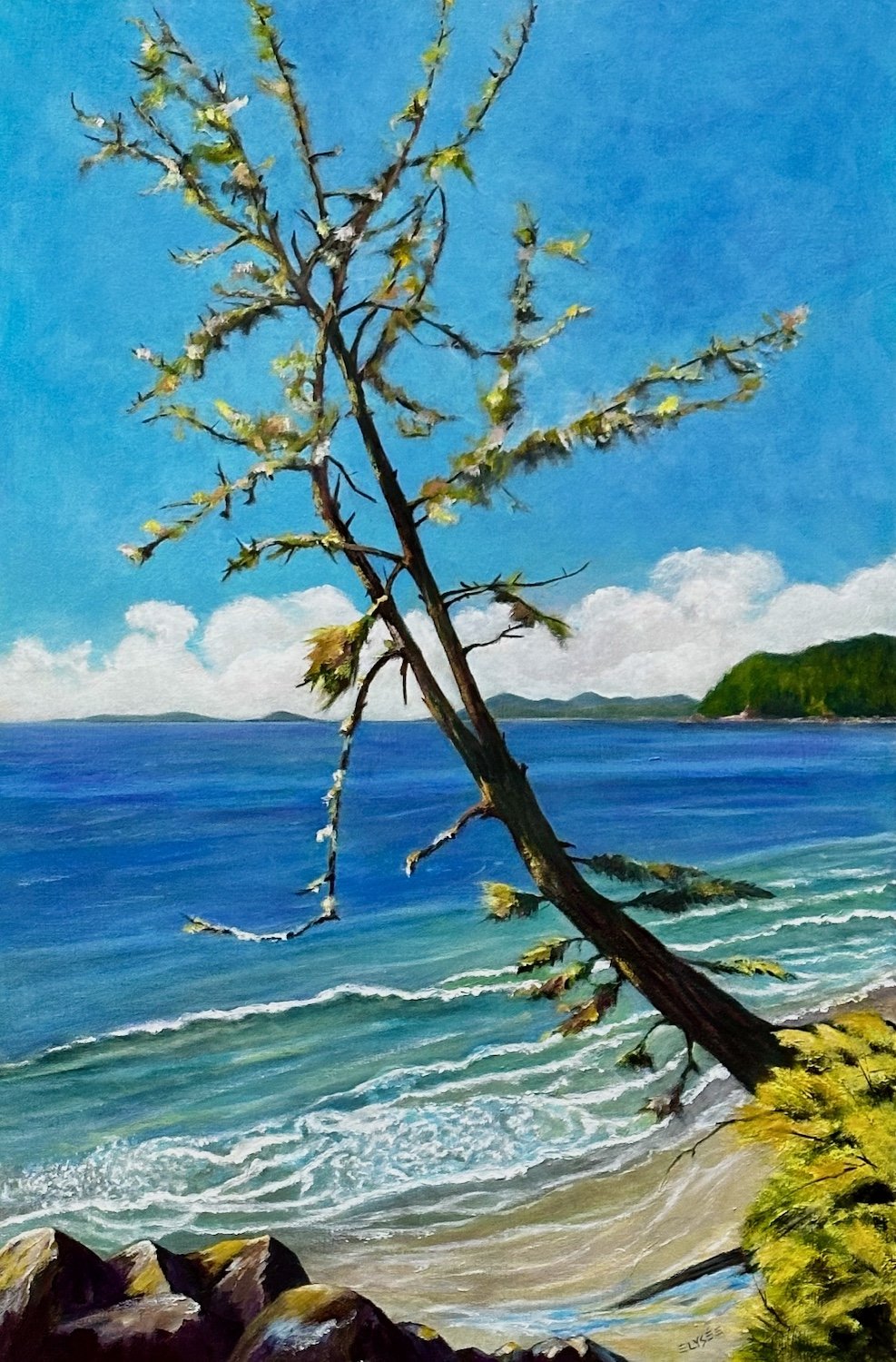 A painting of a beach scene with a leaning tree by the shoreline, blue ocean waves, distant mountains, and a partly cloudy sky.