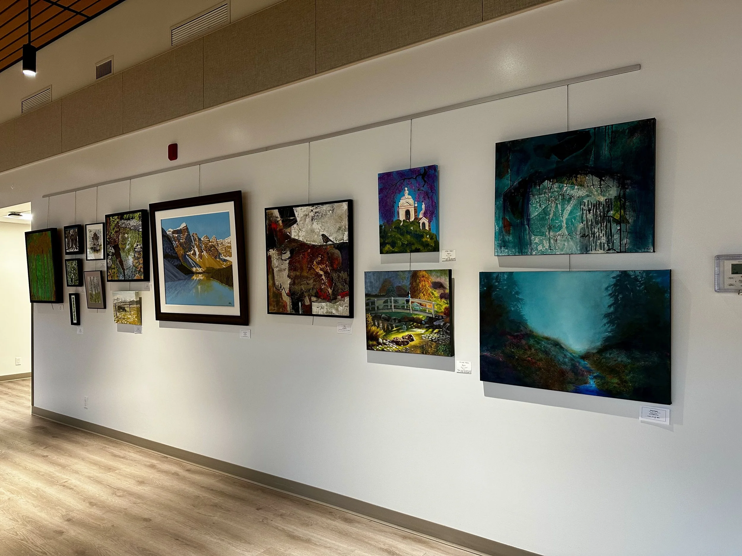 An art gallery wall displaying various paintings, including landscapes, abstract art, and nature scenes in different sizes and frames.
