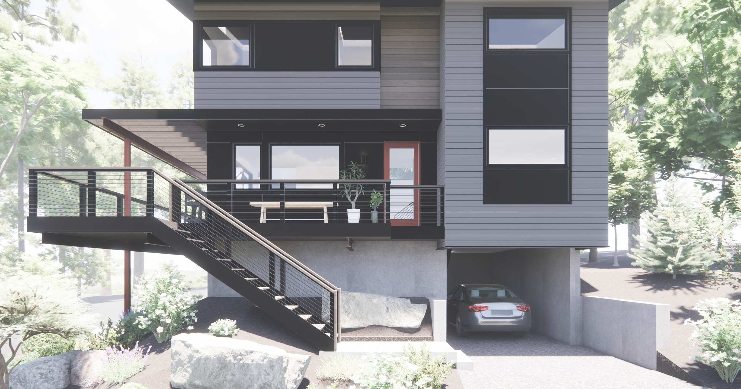 Modern multi-story house with gray horizontal siding, large windows, a balcony with plants and a table, and an exterior staircase leading to a parking area with a car. Surrounding trees and bushes are visible.