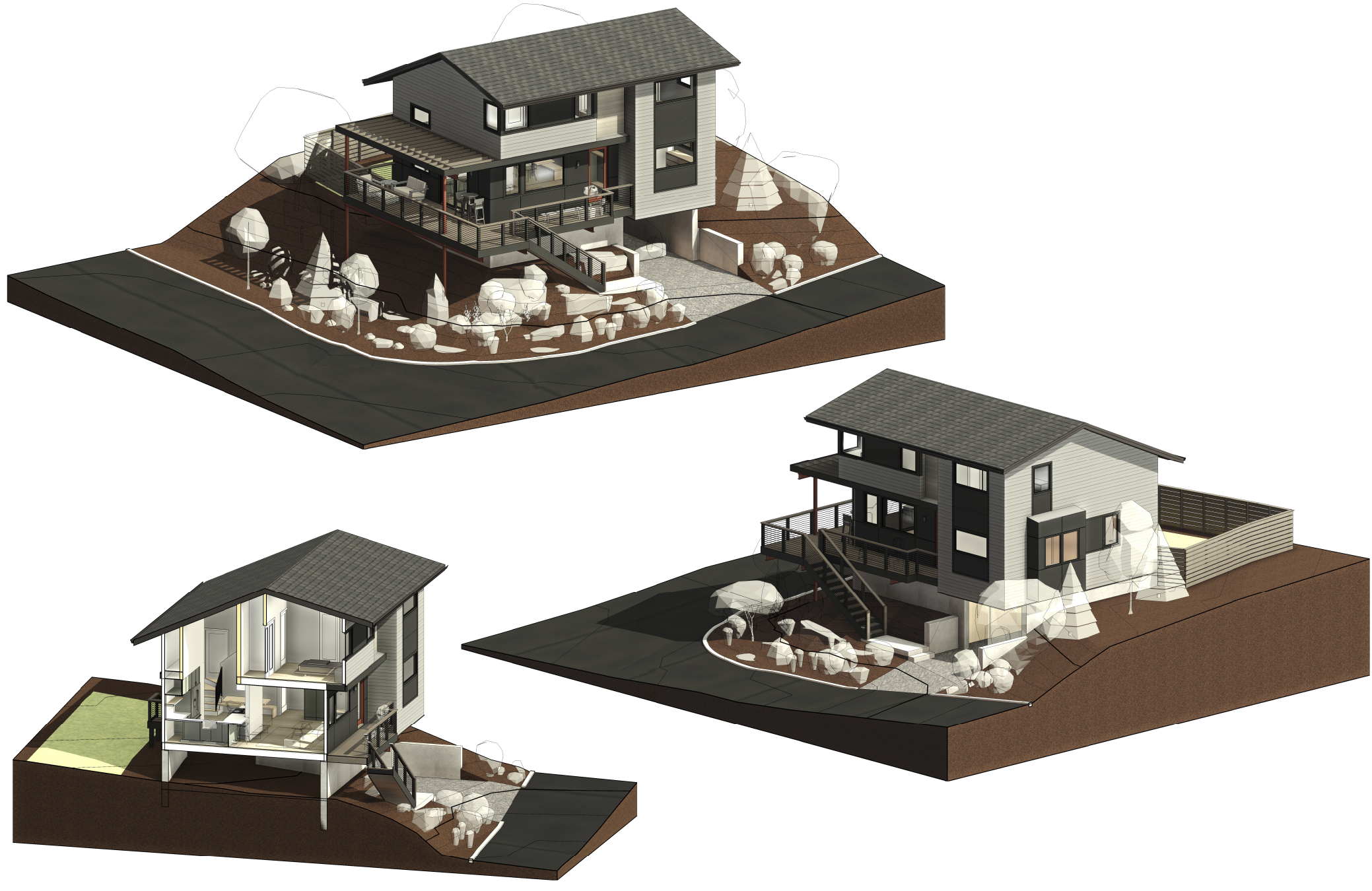3D architectural rendering of a multi-level house on a sloped terrain with surrounding landscaping and detailed interior and exterior views.