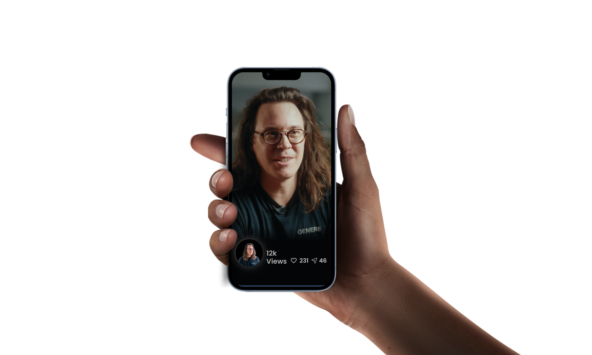 A person holding a smartphone with a Sam Jones, Founder of Gener8, a man on the screen, tweeting a video. The video shows a man with long hair and glasses, wearing a dark shirt, with engagement stats at the bottom.
