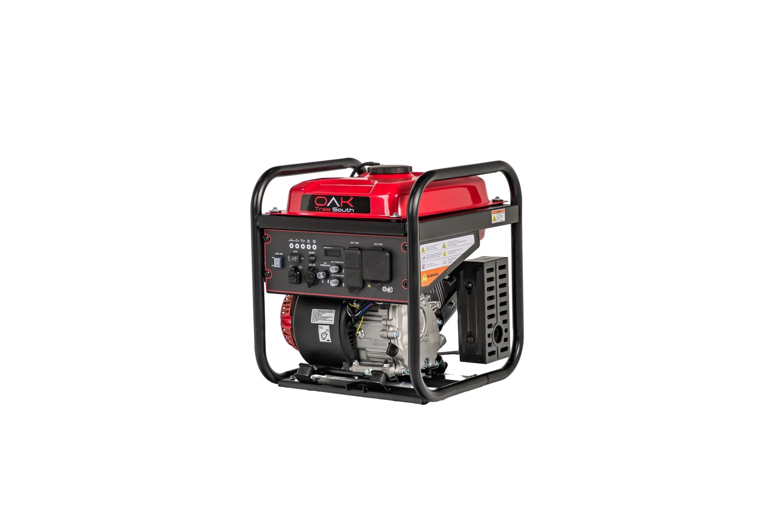 Portable generator with red and black color scheme, control panel, and metal frame.