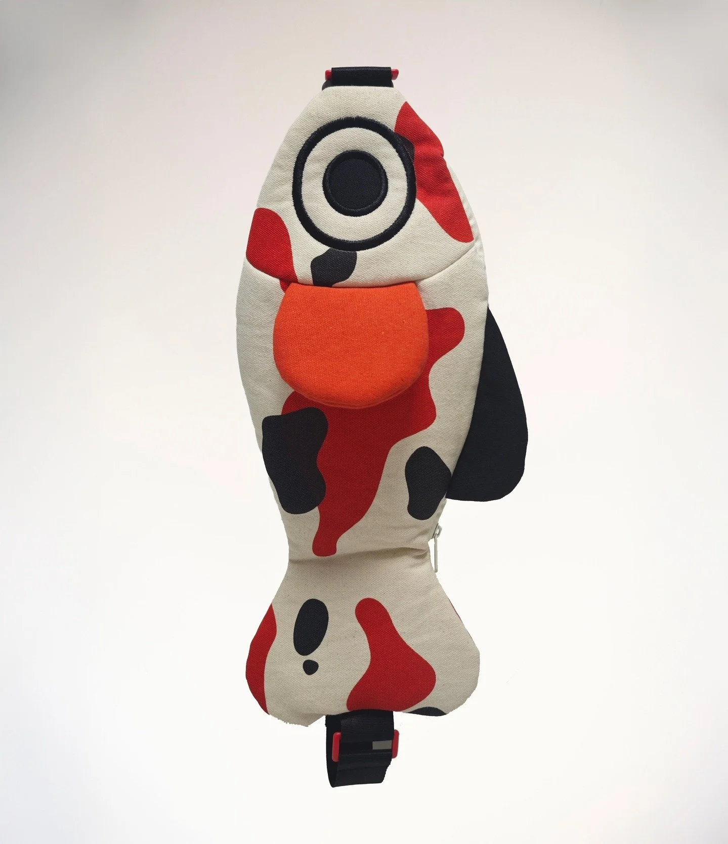 The coveted Koi Fish Bag sample is finished and on the way to us for final approval! VERY EXCITED ABOUT IT. He's made with a durable cotton canvas and has a sleek seat-belt-material strap with improved zippers. His spots are custom screen-printed on 