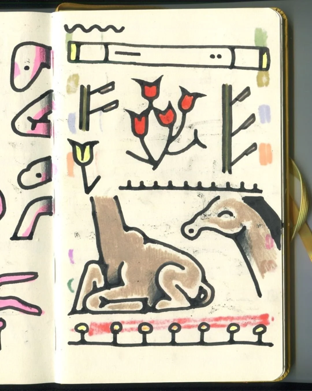 The weird giraffe is my fav spread of this book I think. I like the thick lines-- still haven't really found a pen that feels the same as my b-3 dip pen nib. I ended up buying another Speedball Auto-feed because I couldn't get the first one apart. 

