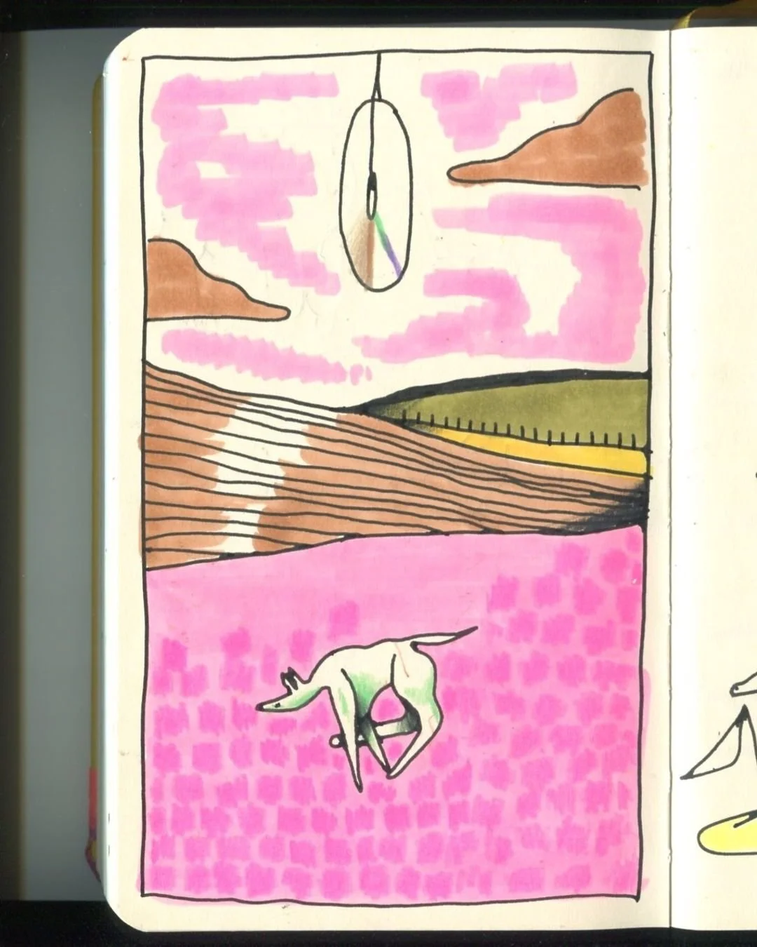 Doggy in the fields with a floating CD. I'd like to make this a big painting someday when I get my act together! And then some practice doggies on the side. I'm really enjoying shading with prismacolor pencils. 

- 

We're on hiatus and we'll be back