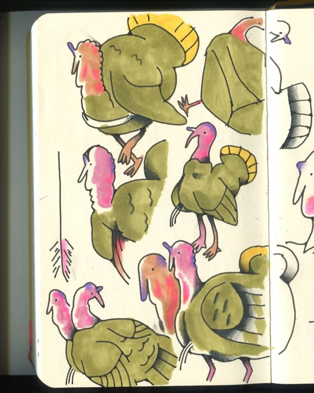 Turkeys! I really like this one. Copics + ink + prismacolor pencil. I love working with copics in this sketchbook but it does bleed thru to the other side which can be frustrating when I end up drawing something that I really like on the other side o